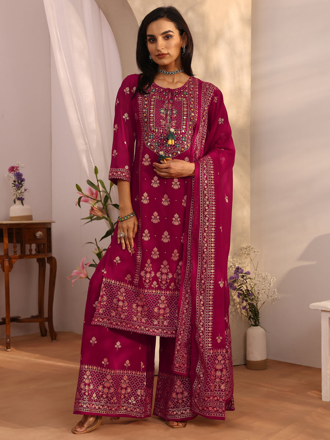  Pink Embroidered Georgette Straight Suit Set With Dupatta 