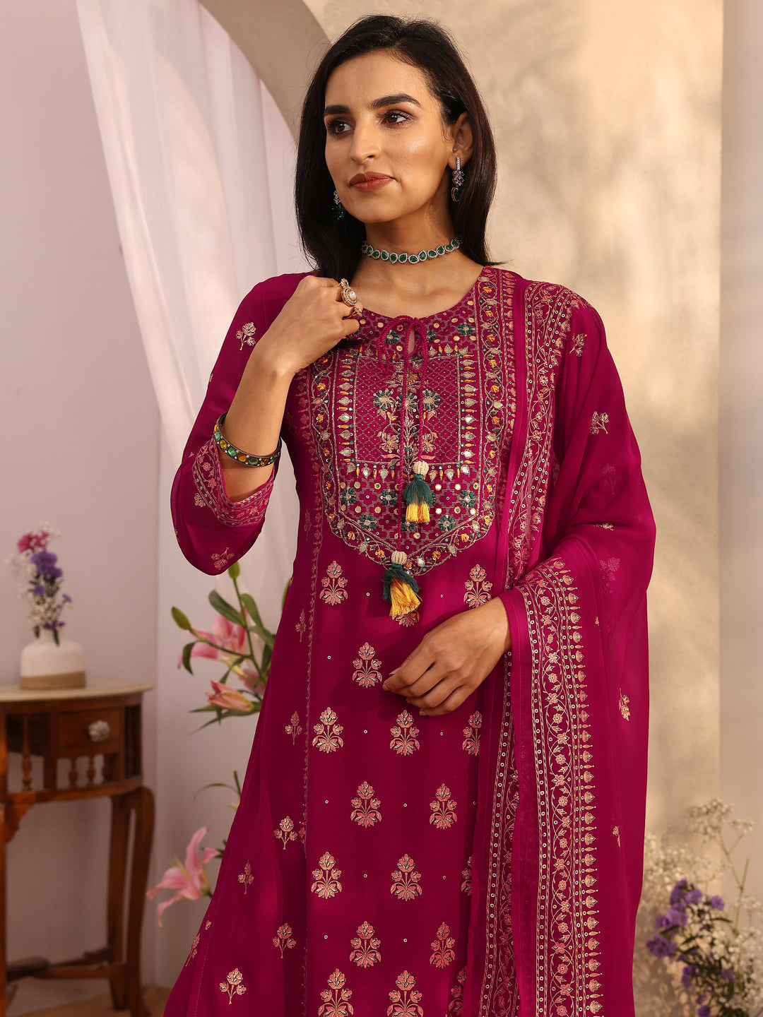  Pink Embroidered Georgette Straight Suit Set With Dupatta 