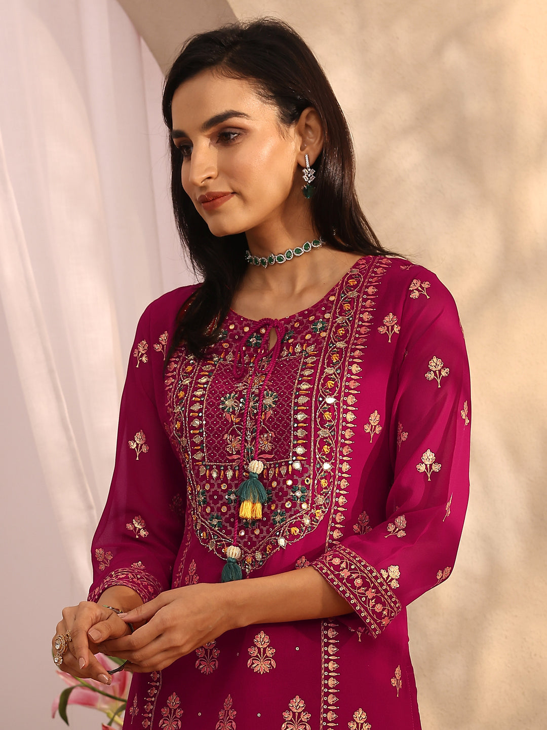  Pink Embroidered Georgette Straight Suit Set With Dupatta 