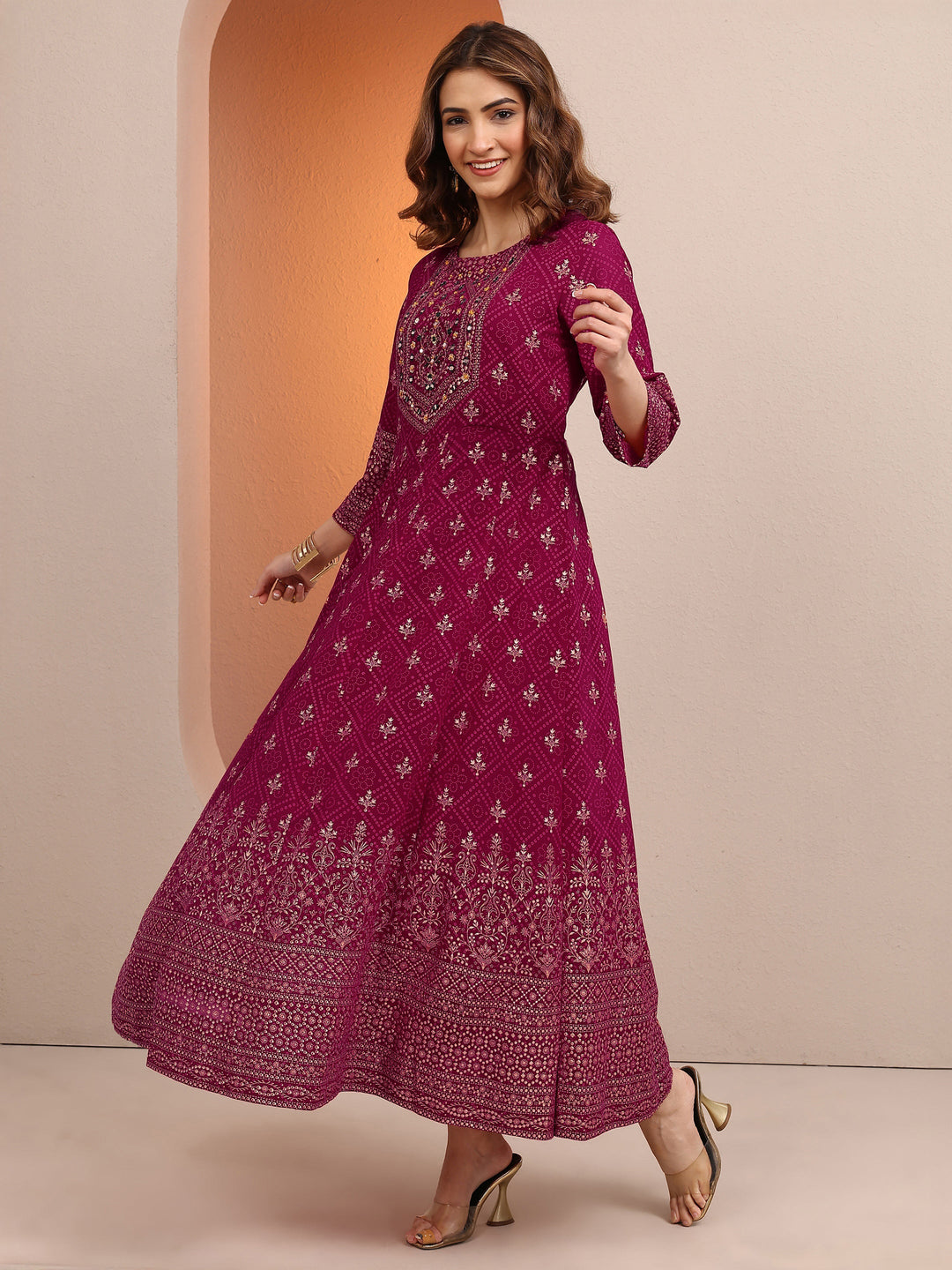  Pink Embroidered Georgette Anarkali Suit Set With Dupatta 