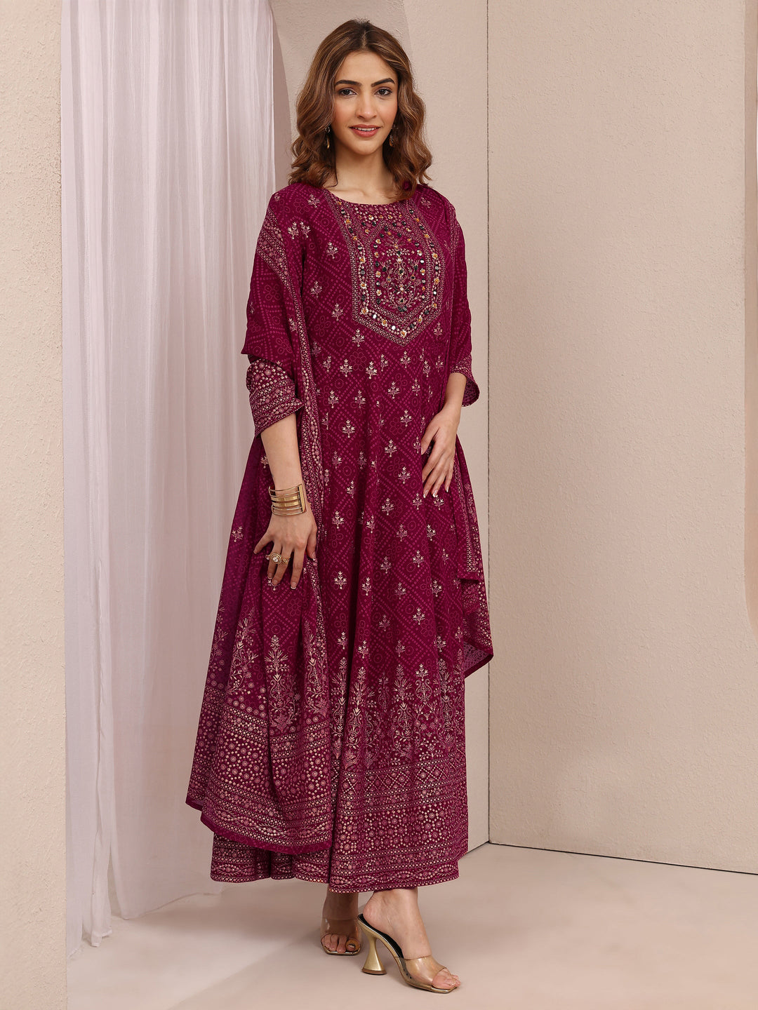  Pink Embroidered Georgette Anarkali Suit Set With Dupatta 