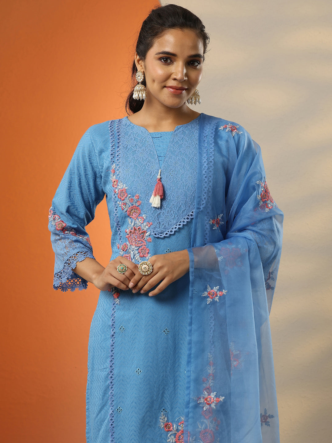  Blue Embroidered Cotton Straight Suit Set With Dupatta 