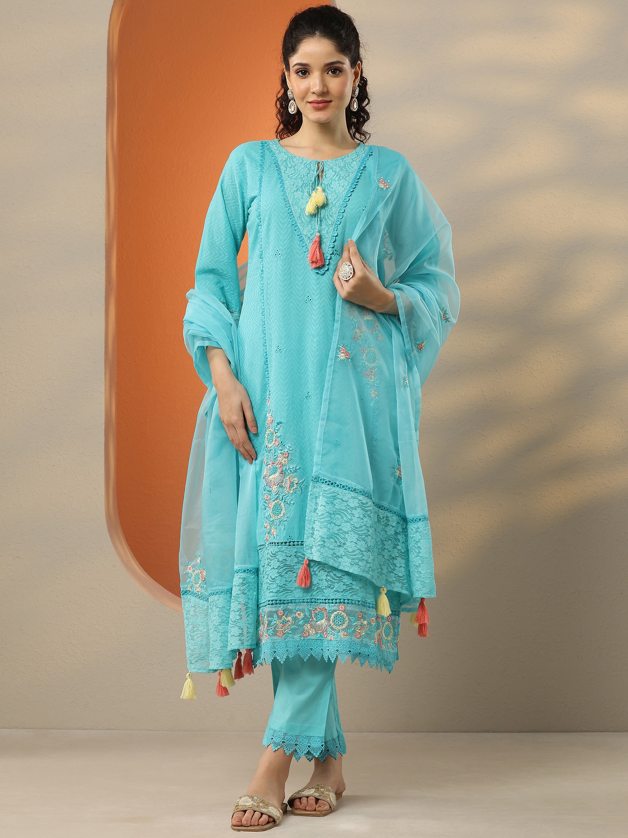 Blue Embroidered Cotton Straight Suit Set With Dupatta-image-26