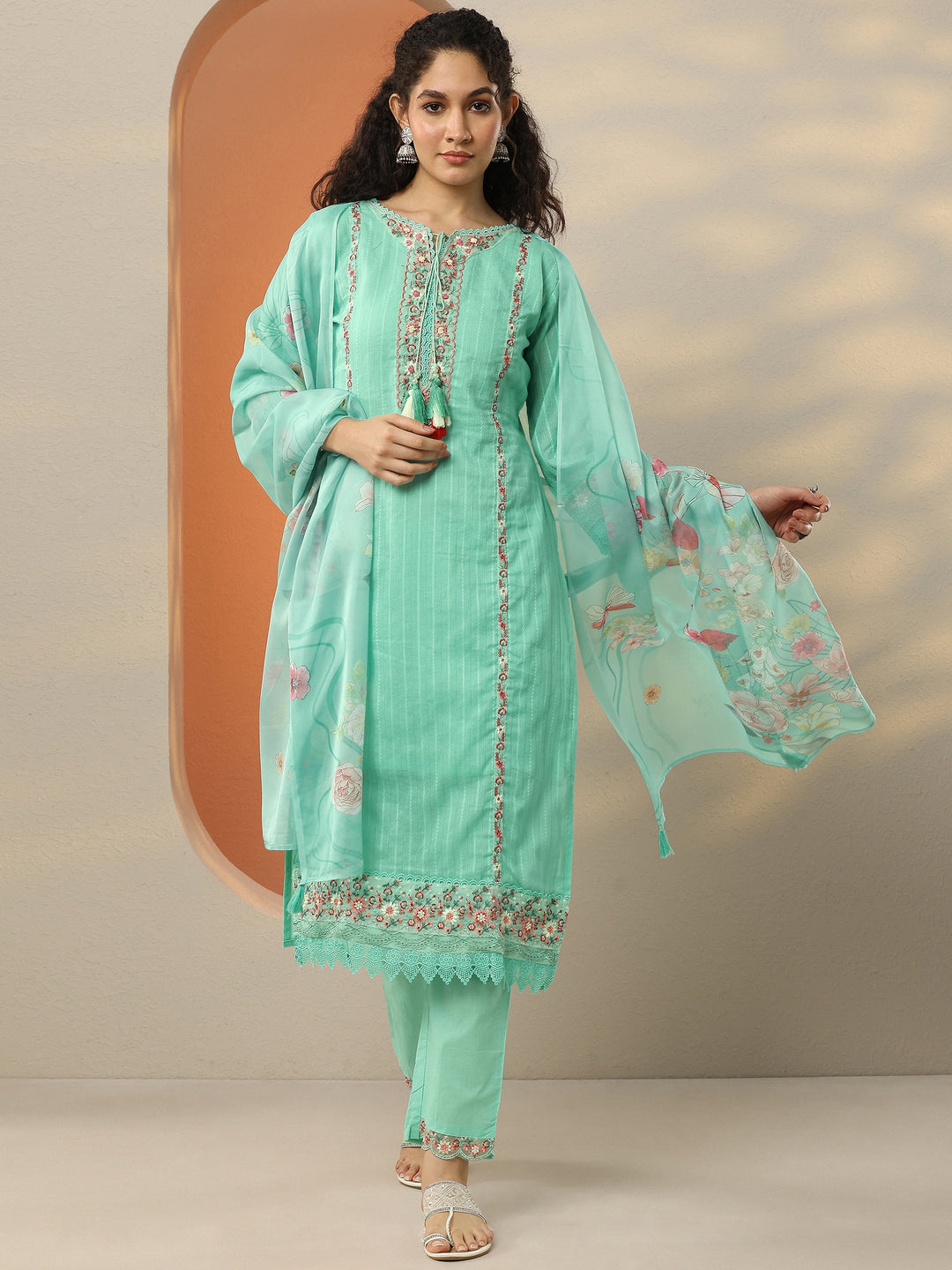  Sea Green Embroidered Cotton Blend  A-Line Suit Set With Dupatta 