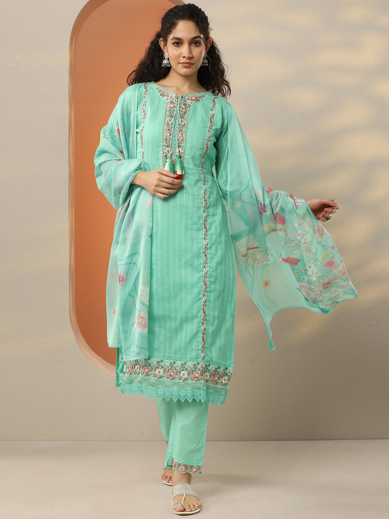 Libas Sea Green Embroidered Cotton Blend A-Line Suit Set With Dupatta