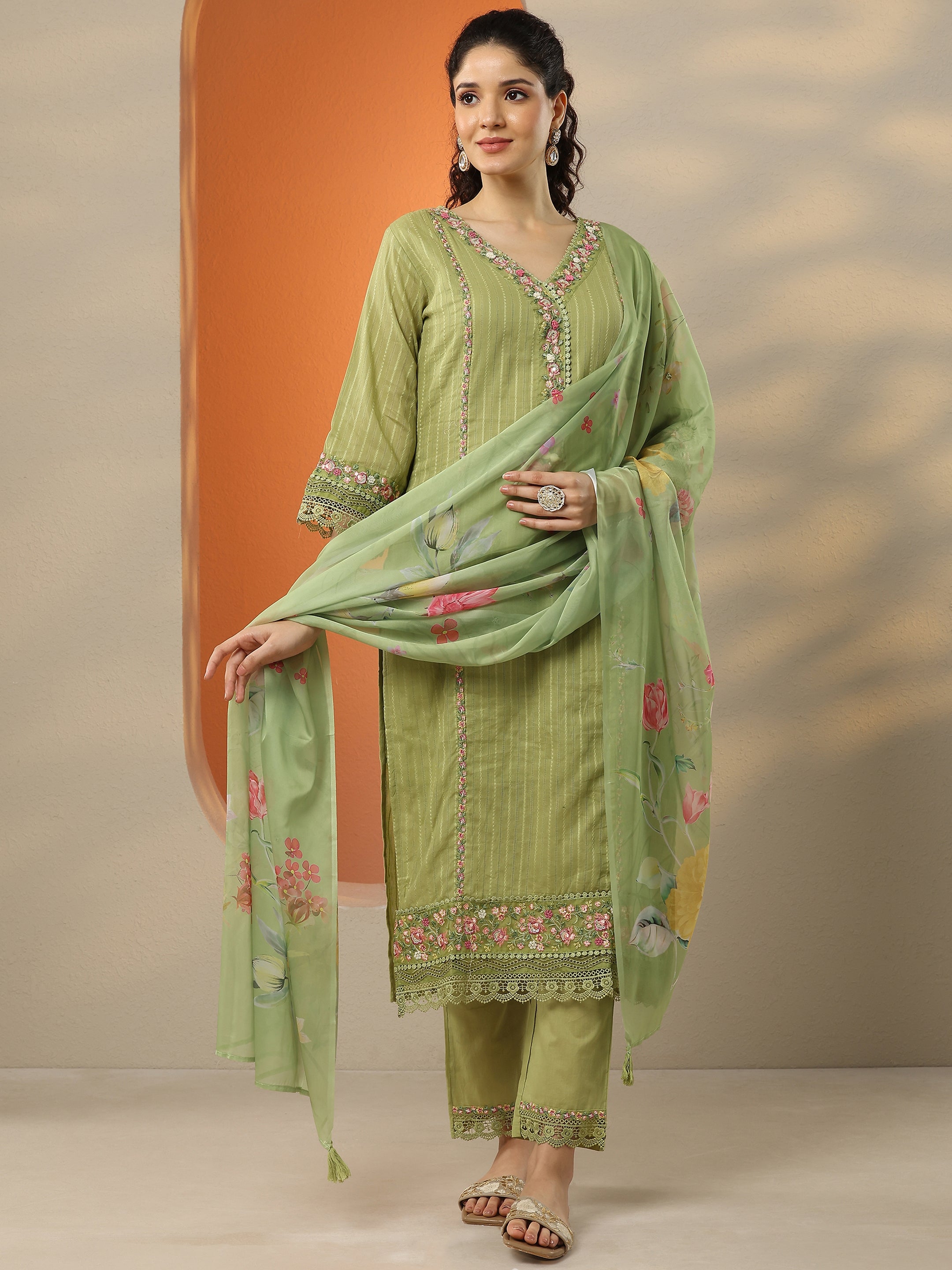 libas Green Embroidered Cotton Straight Suit Set With Dupatta-picture-20