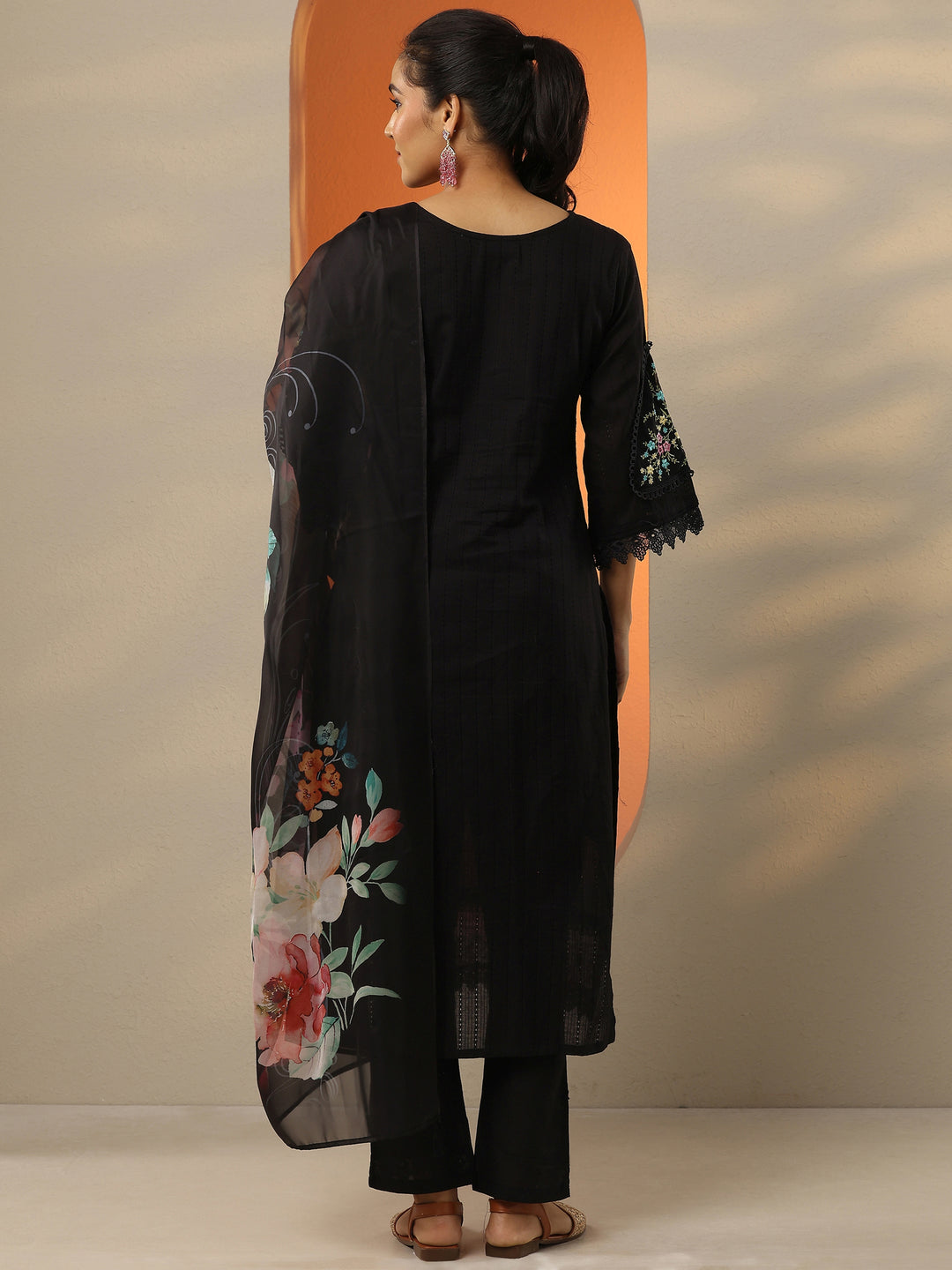  Black Embroidered Cotton Straight Suit Set With Dupatta 
