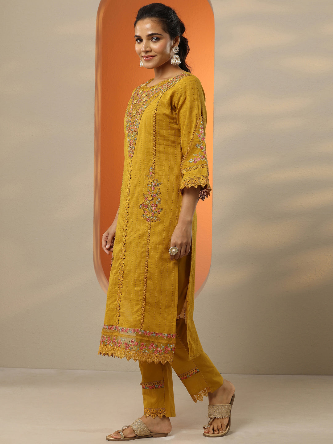  Mustard Embroidered Cotton Straight Suit Set With Dupatta 