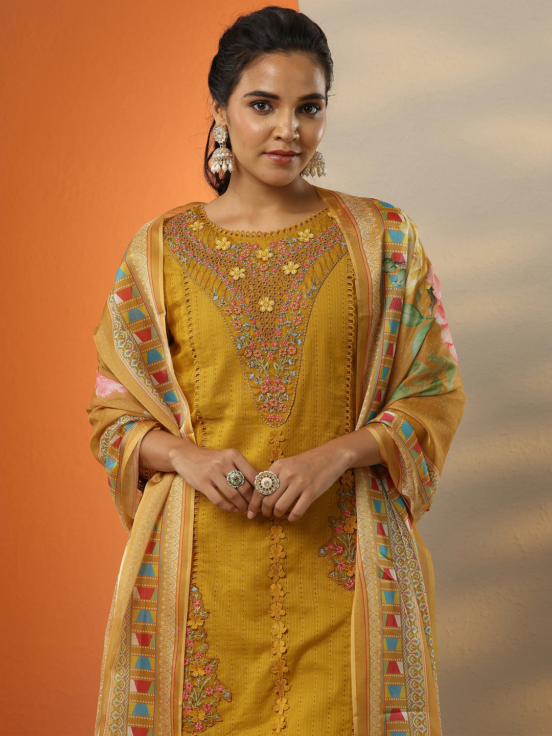  Mustard Embroidered Cotton Straight Suit Set With Dupatta 