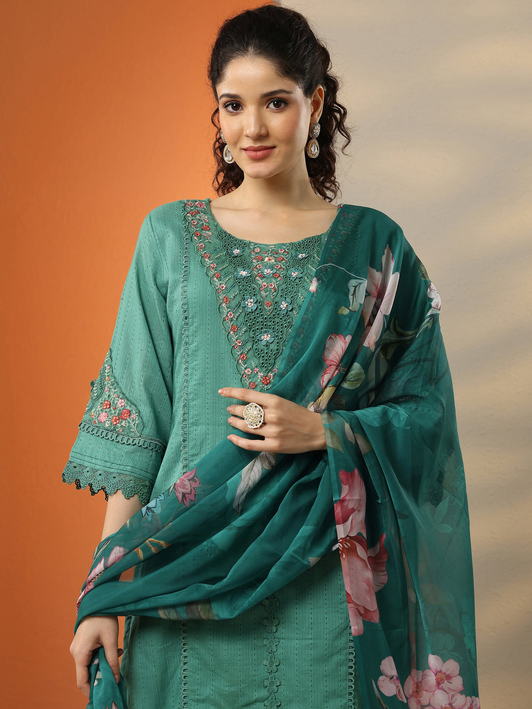  Green Embroidered Cotton Straight Suit Set With Dupatta 