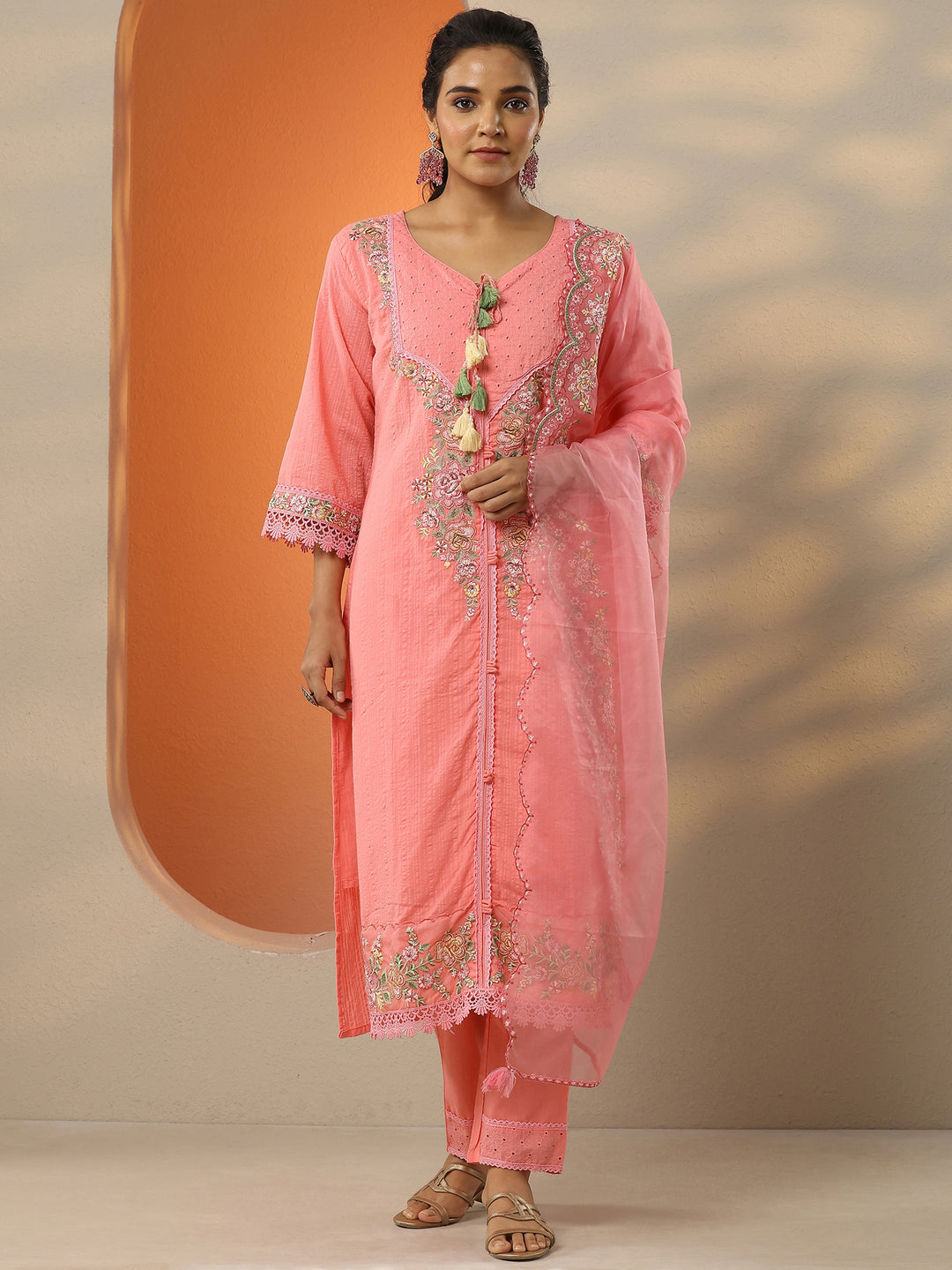  Coral Embroidered Cotton Straight Suit Set With Dupatta 