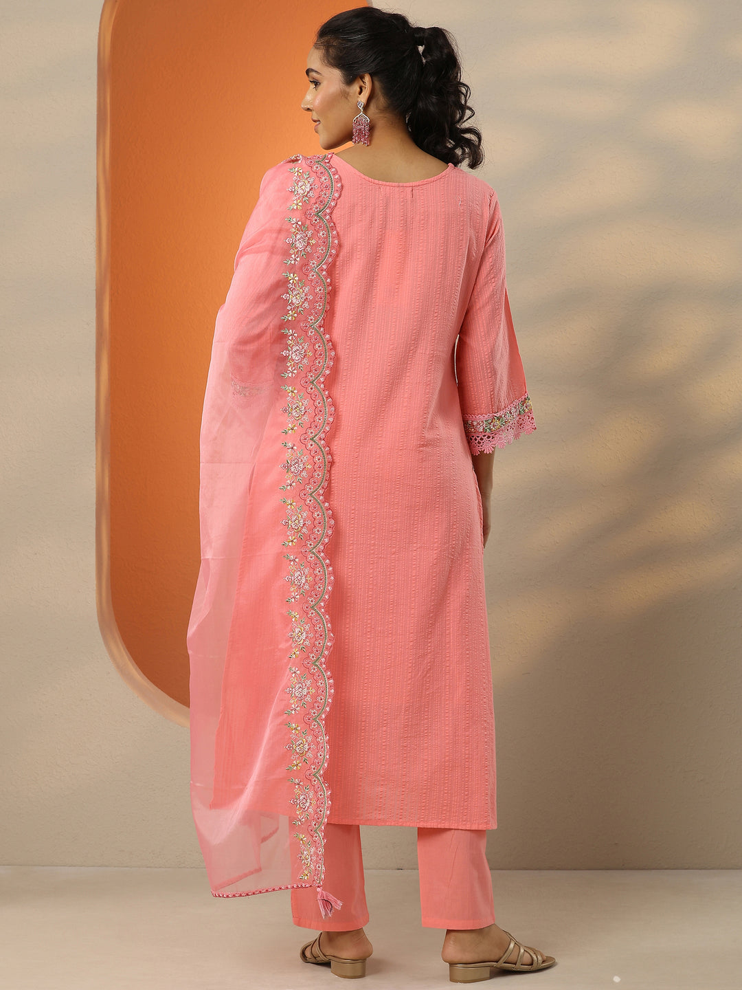  Coral Embroidered Cotton Straight Suit Set With Dupatta 