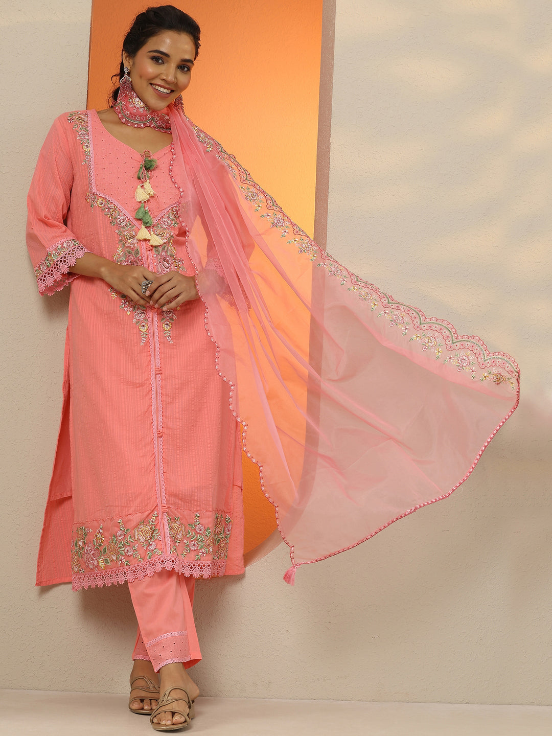  Coral Embroidered Cotton Straight Suit Set With Dupatta 