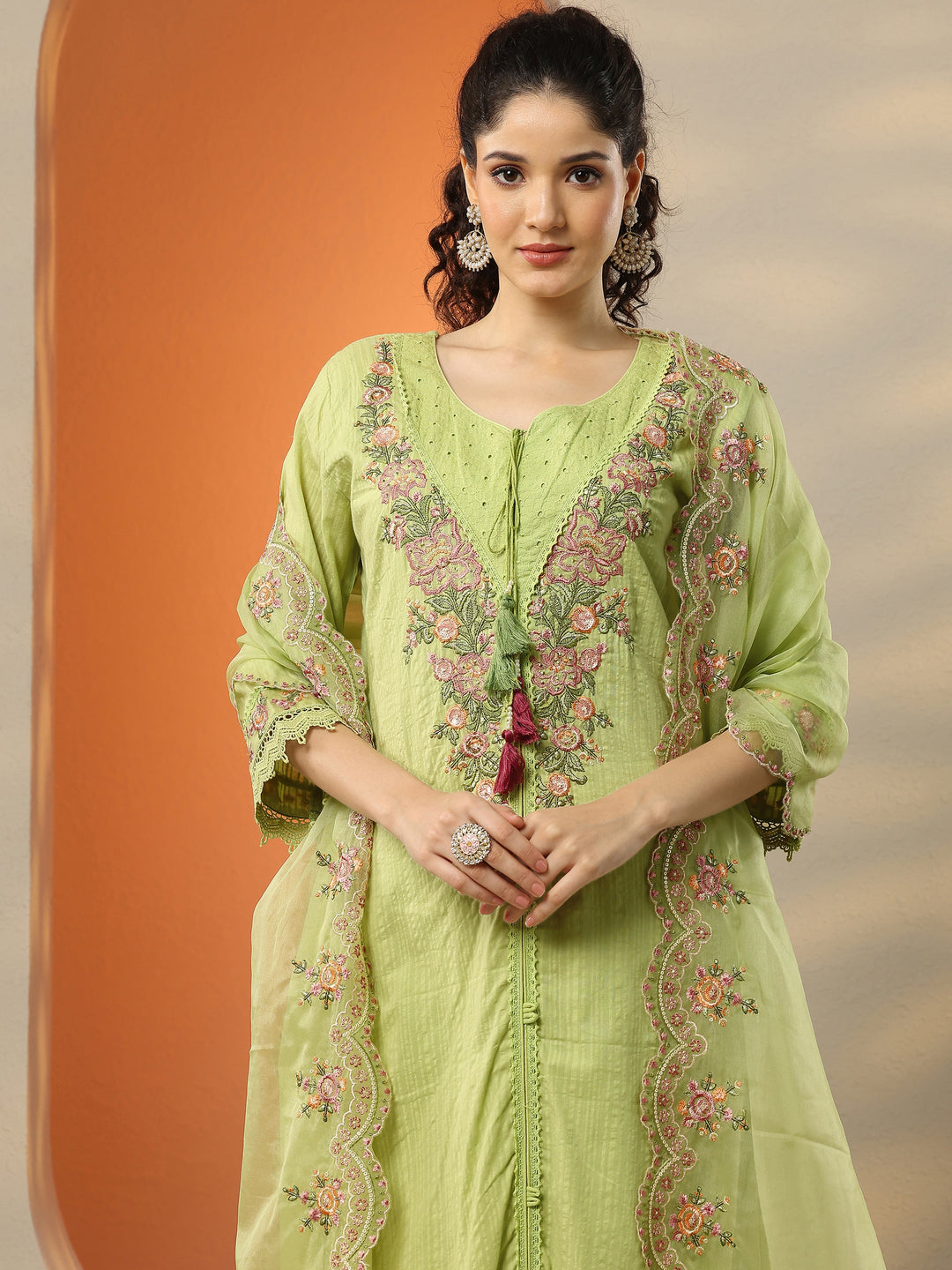  Green Embroidered Cotton Straight Suit Set With Dupatta 