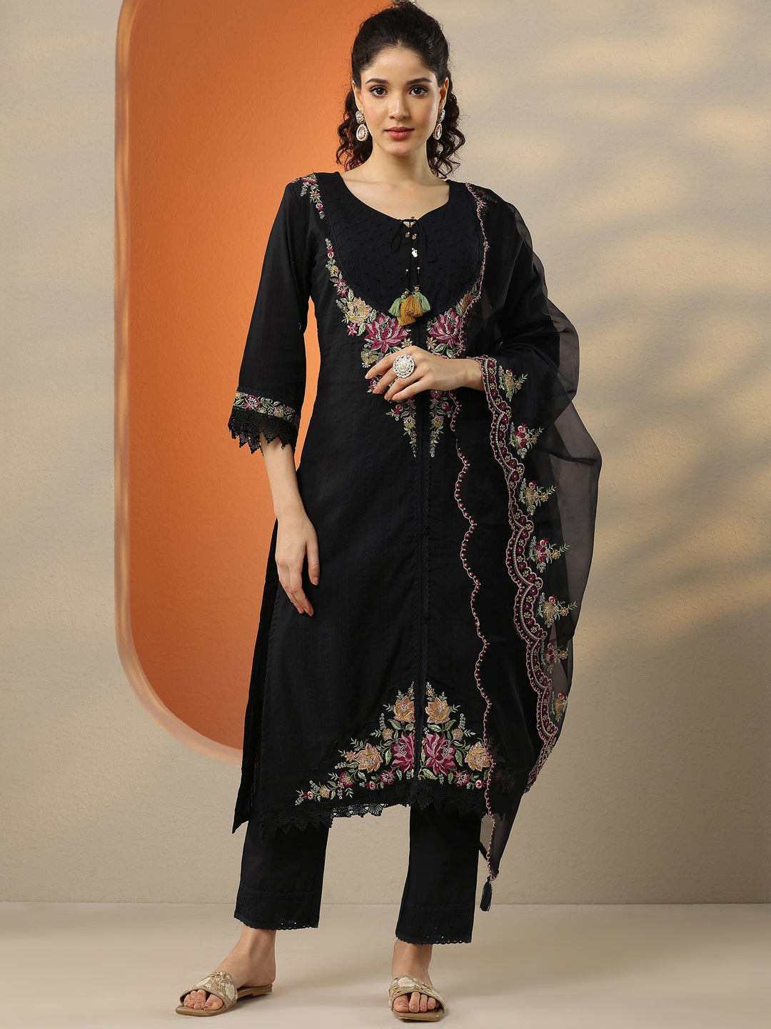  Black Embroidered Cotton Straight Suit Set With Dupatta 