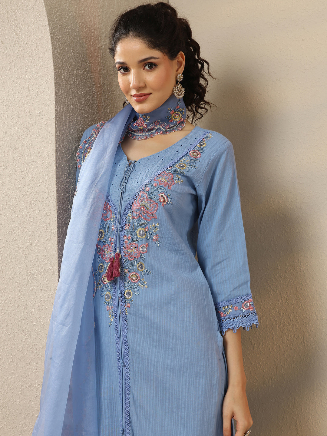  Blue Embroidered Cotton Straight Suit Set With Dupatta 