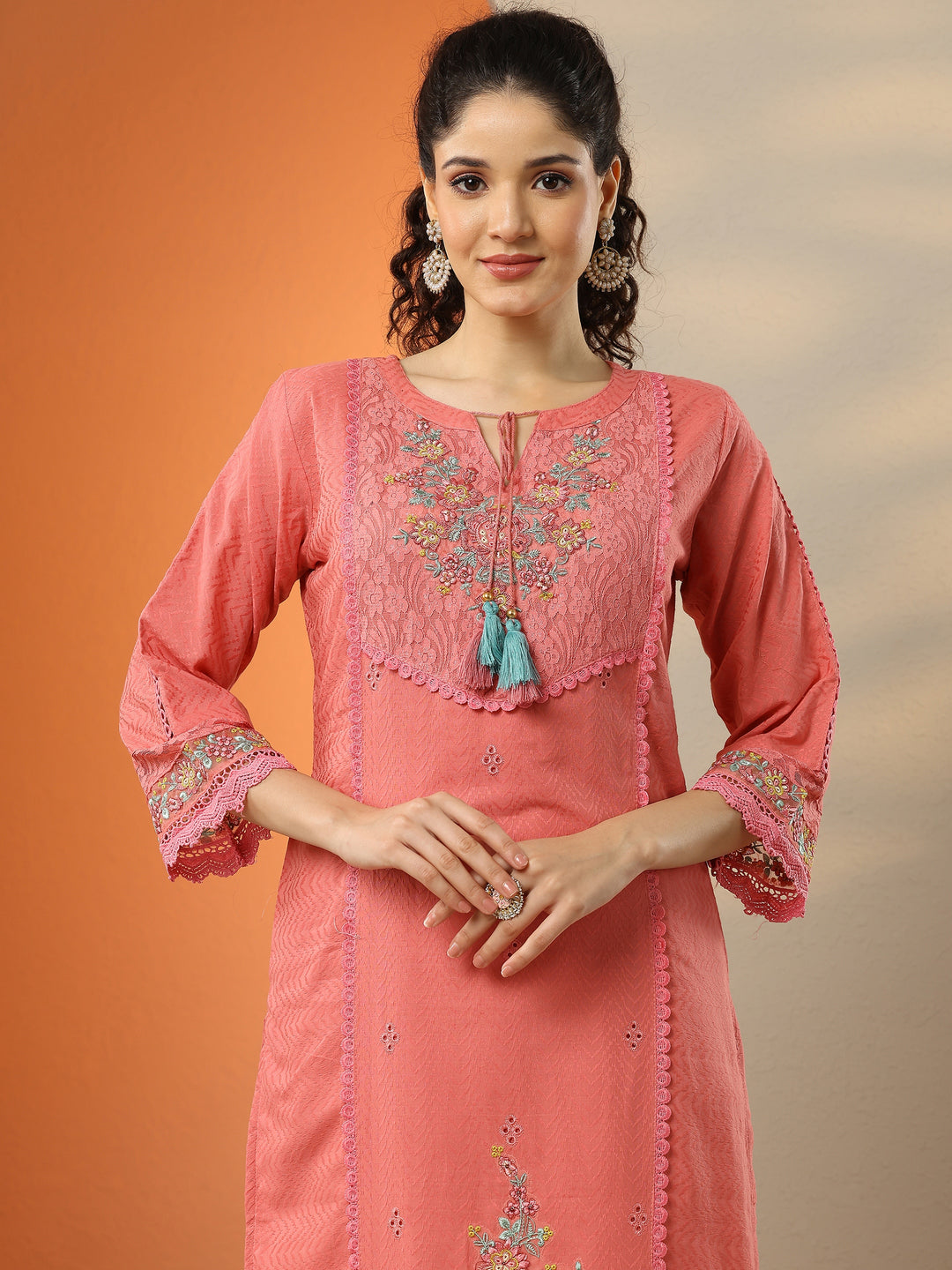  Coral Embroidered Cotton Straight Suit Set With Dupatta 