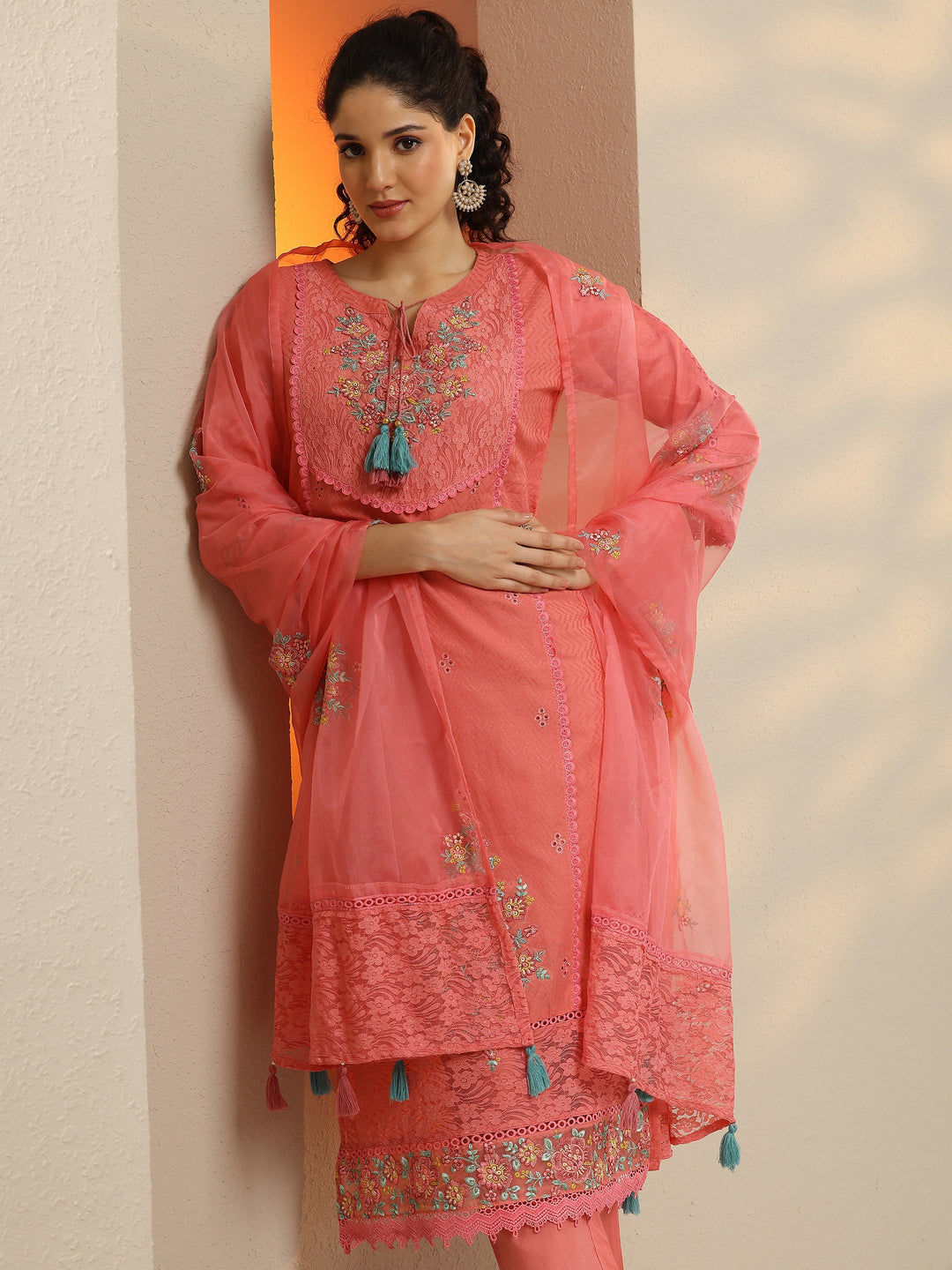  Coral Embroidered Cotton Straight Suit Set With Dupatta 