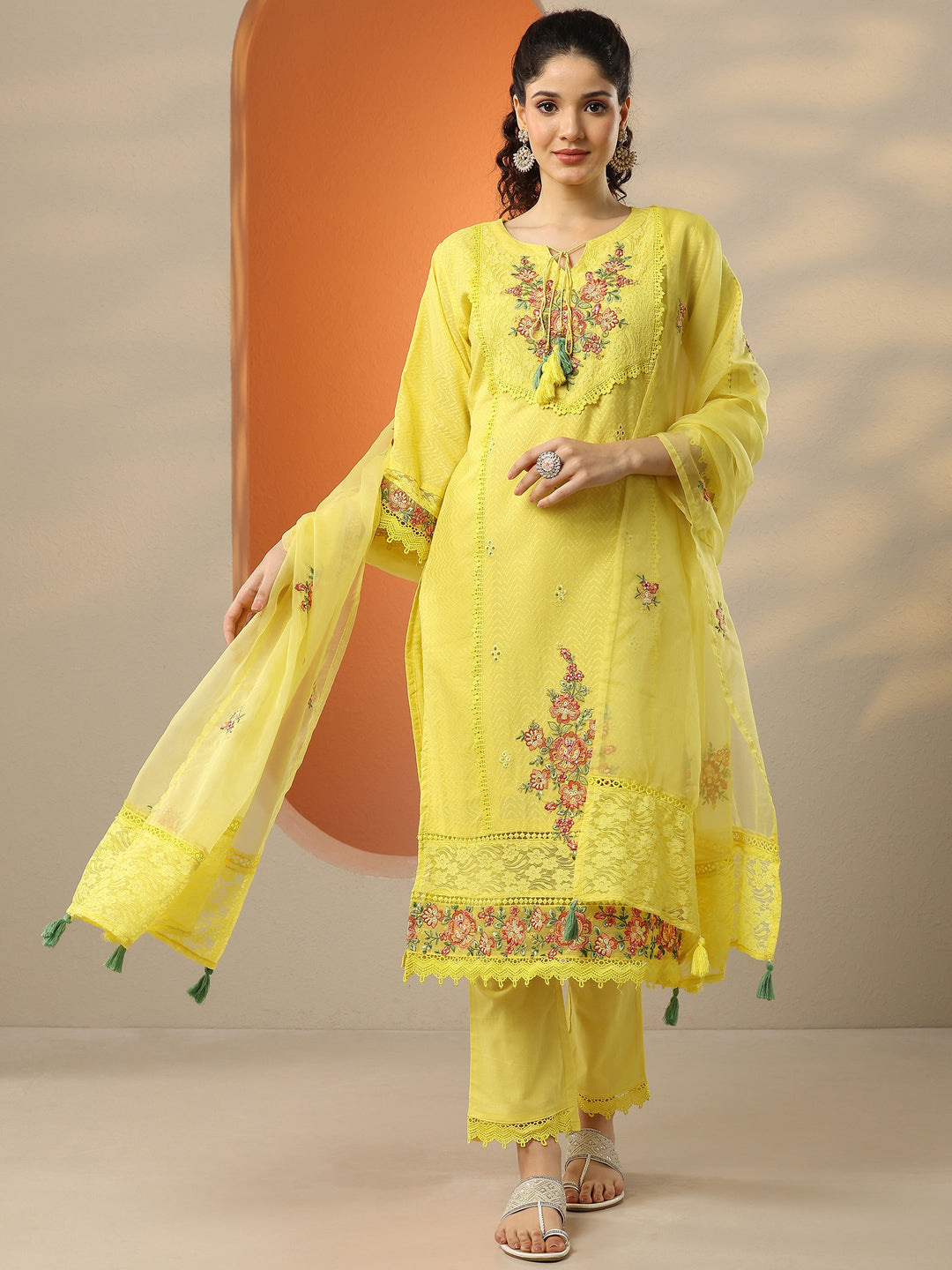  Yellow Embroidered Cotton Straight Suit Set With Dupatta 