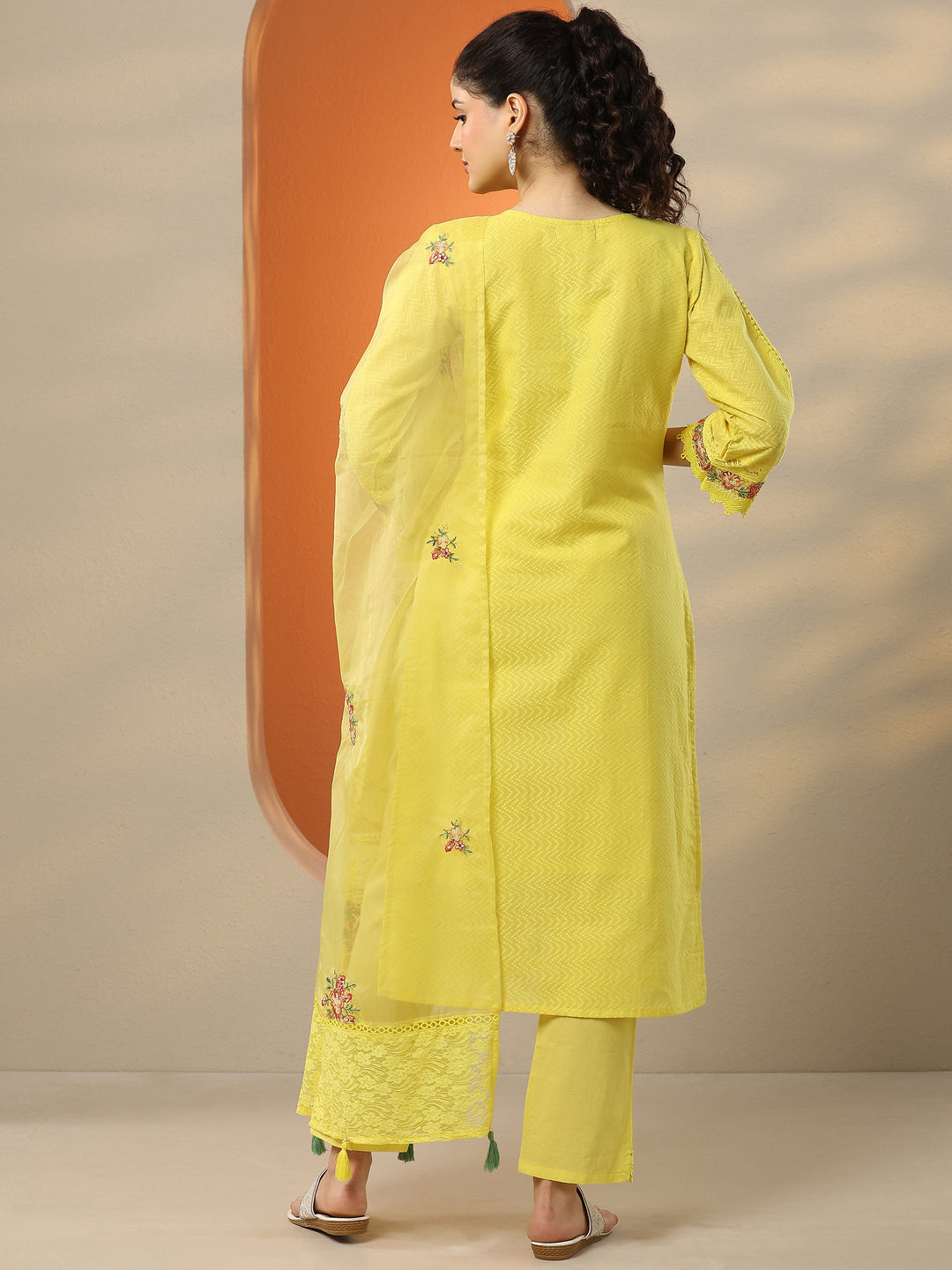  Yellow Embroidered Cotton Straight Suit Set With Dupatta 
