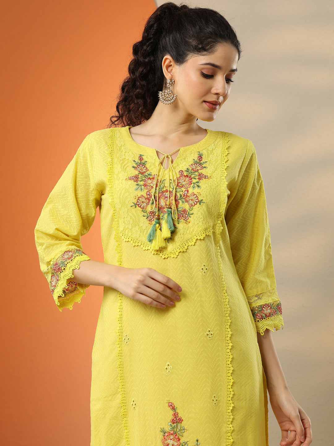  Yellow Embroidered Cotton Straight Suit Set With Dupatta 