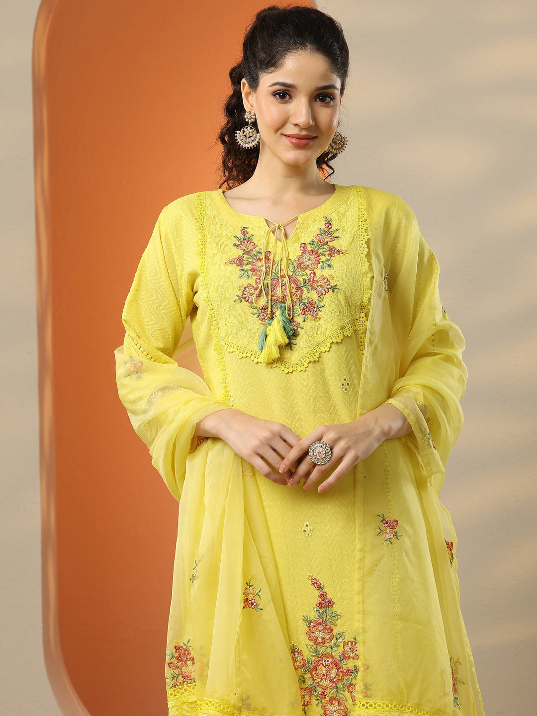  Yellow Embroidered Cotton Straight Suit Set With Dupatta 