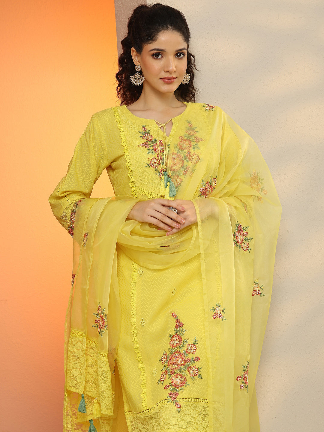  Yellow Embroidered Cotton Straight Suit Set With Dupatta 