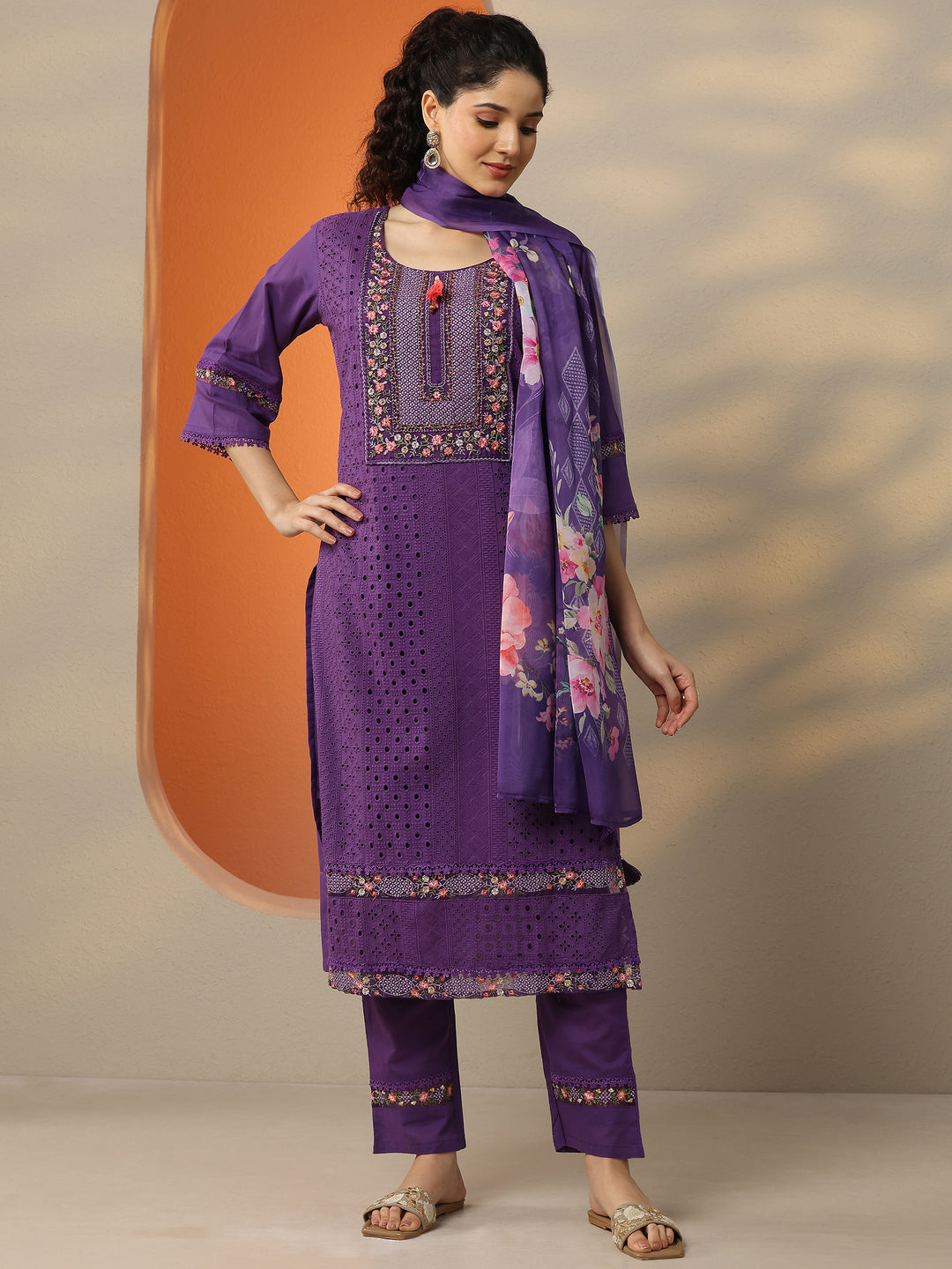  Purple Embroidered Cotton Straight Suit Set With Dupatta 