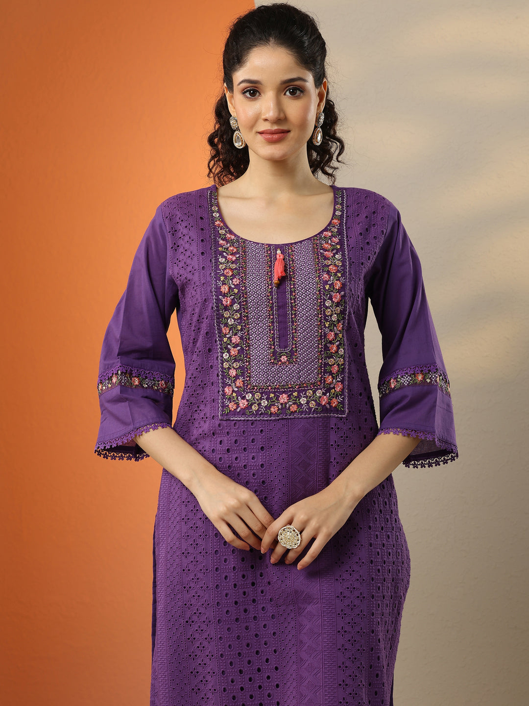  Purple Embroidered Cotton Straight Suit Set With Dupatta 