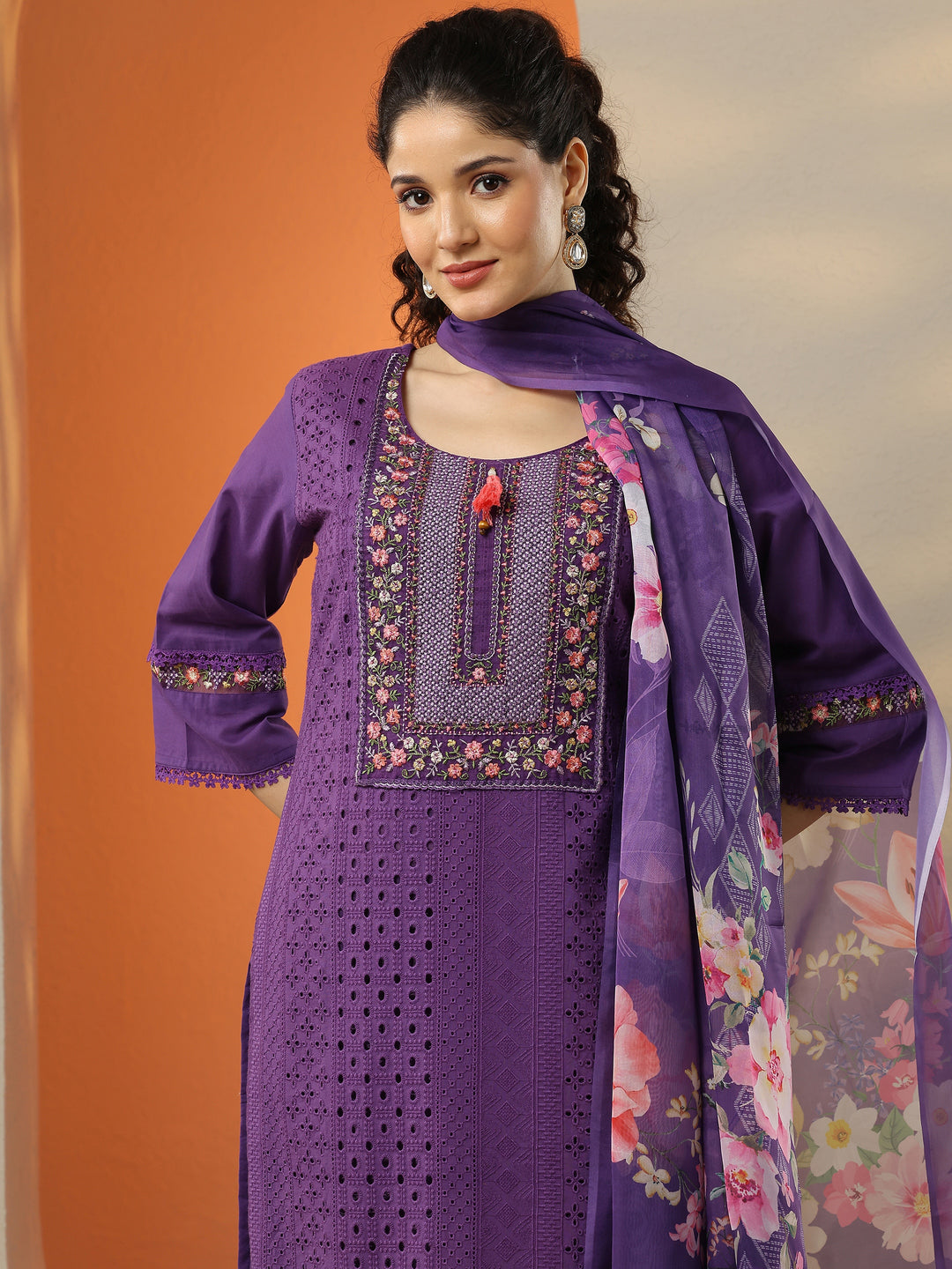  Purple Embroidered Cotton Straight Suit Set With Dupatta 