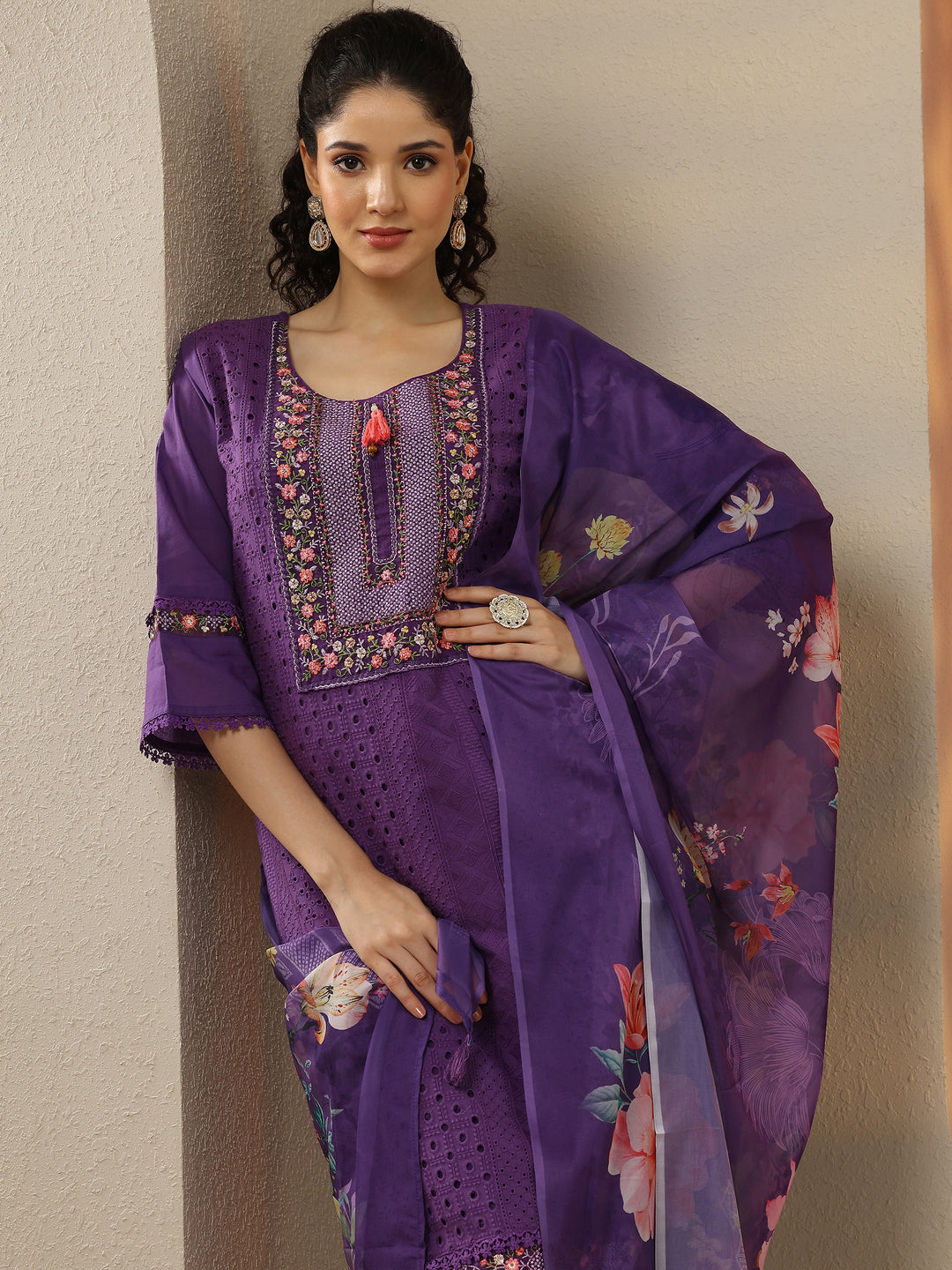  Purple Embroidered Cotton Straight Suit Set With Dupatta 