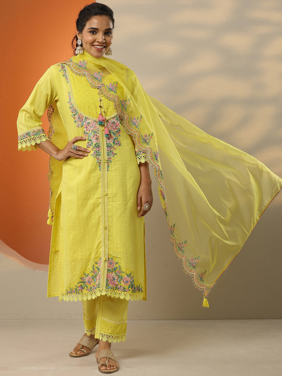  Yellow Embroidered Cotton Straight Suit Set With Dupatta 