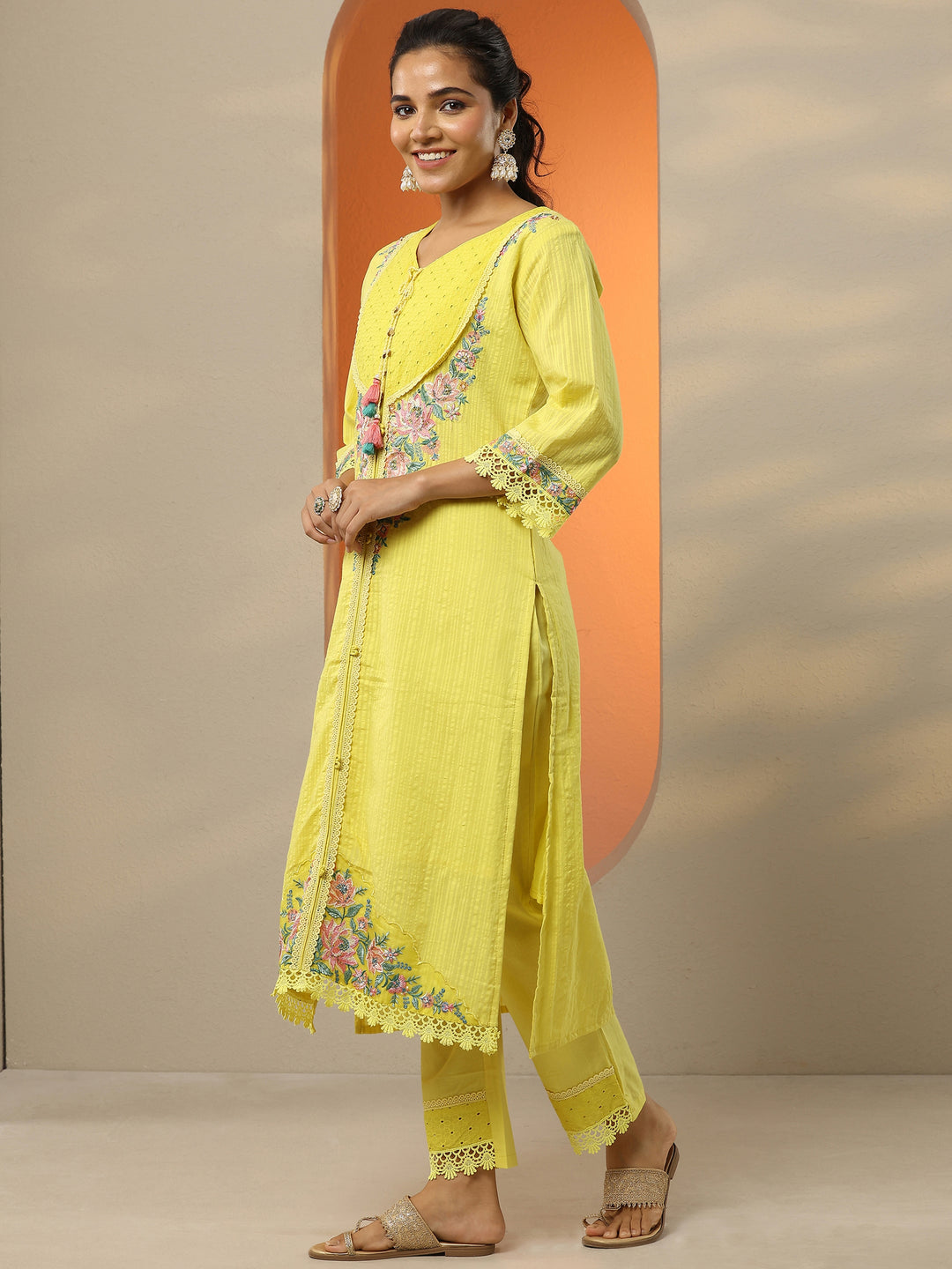  Yellow Embroidered Cotton Straight Suit Set With Dupatta 