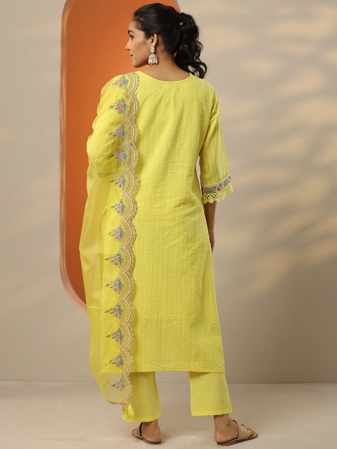  Yellow Embroidered Cotton Straight Suit Set With Dupatta 