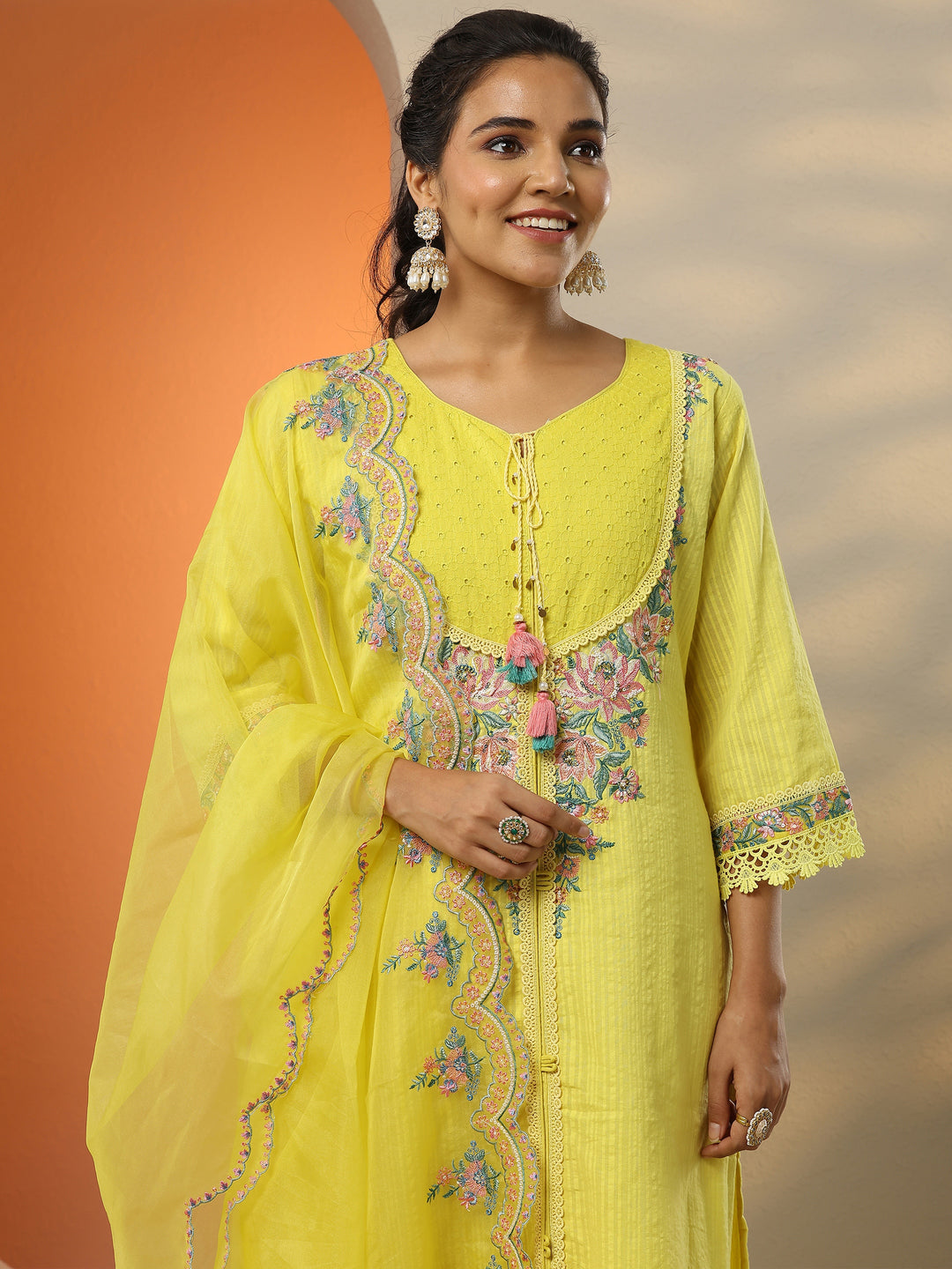  Yellow Embroidered Cotton Straight Suit Set With Dupatta 