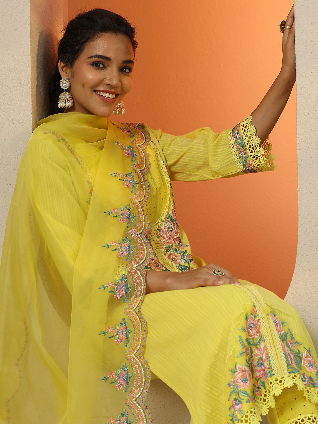  Yellow Embroidered Cotton Straight Suit Set With Dupatta 