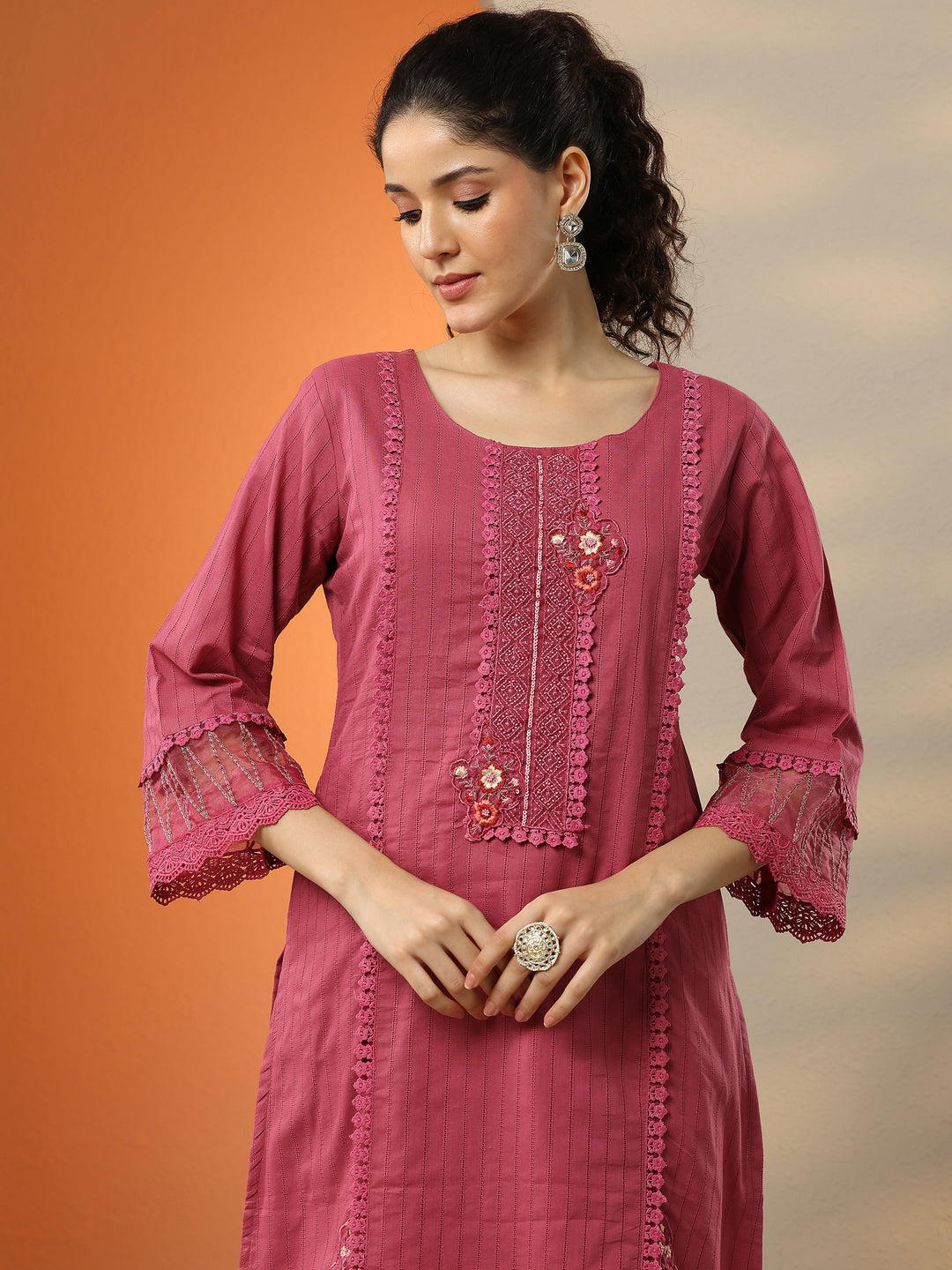  Pink Embroidered Cotton Straight Suit Set With Dupatta 
