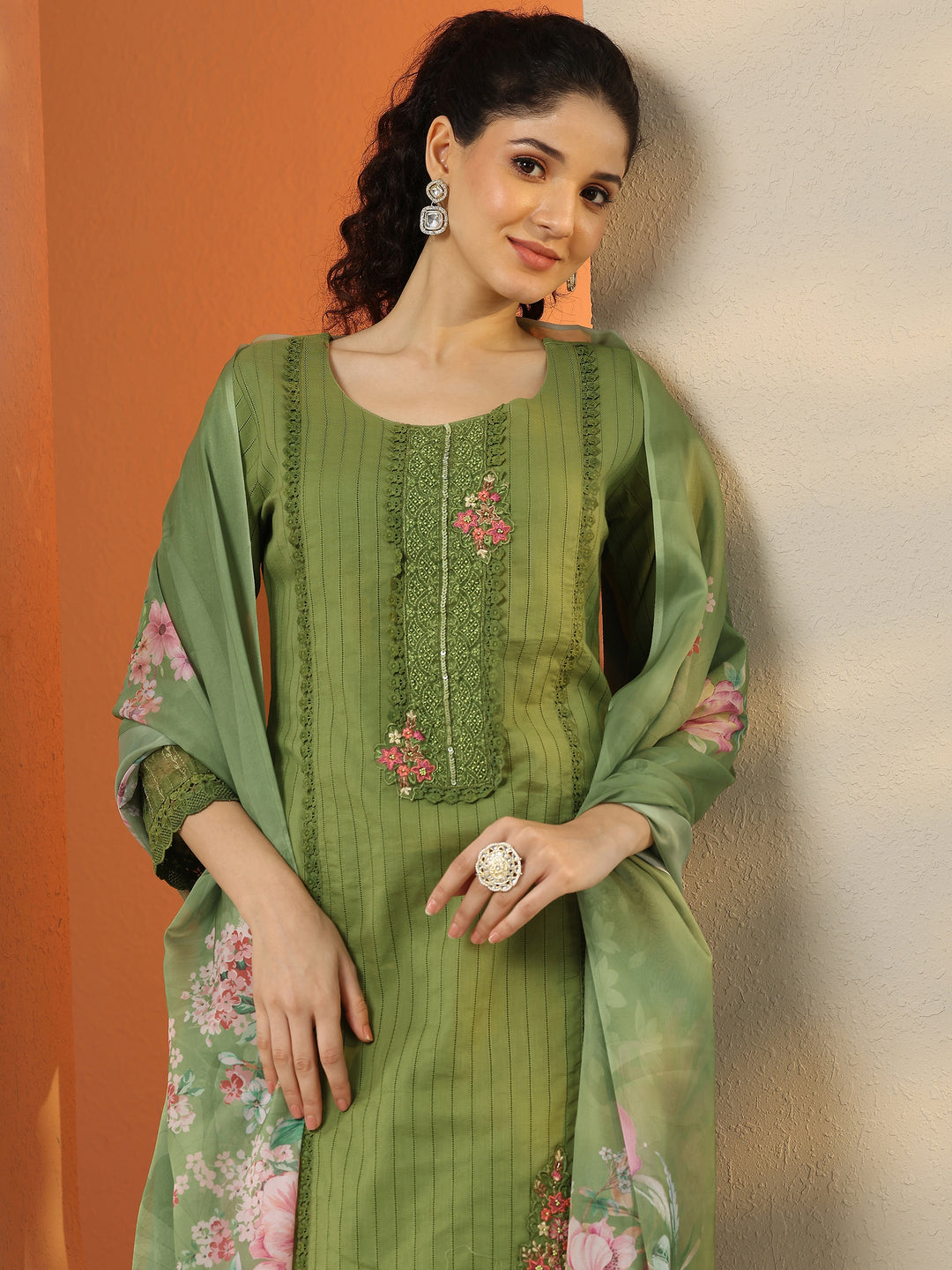 Green Embroidered Cotton Straight Suit Set With Dupatta