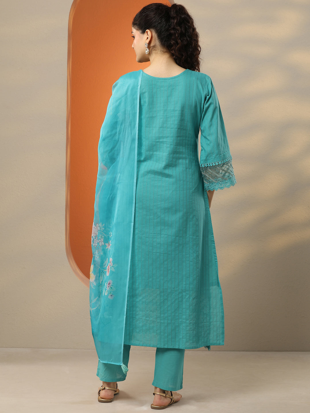  Blue Embroidered Cotton Straight Suit Set With Dupatta 