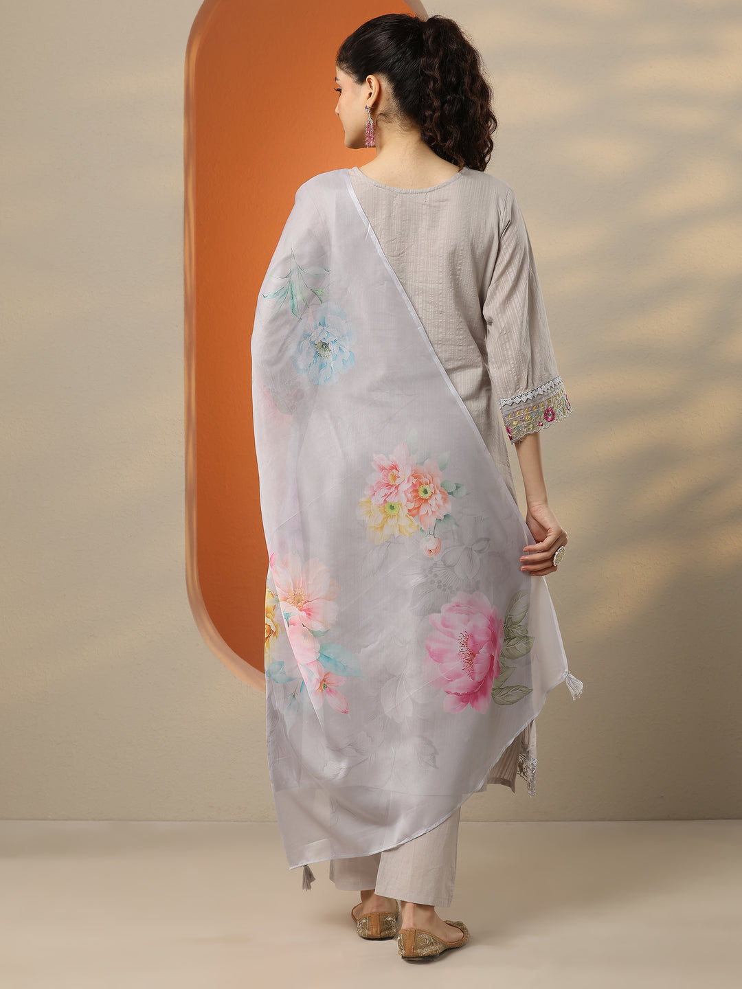  Grey Embroidered Cotton Straight Suit Set With Dupatta 
