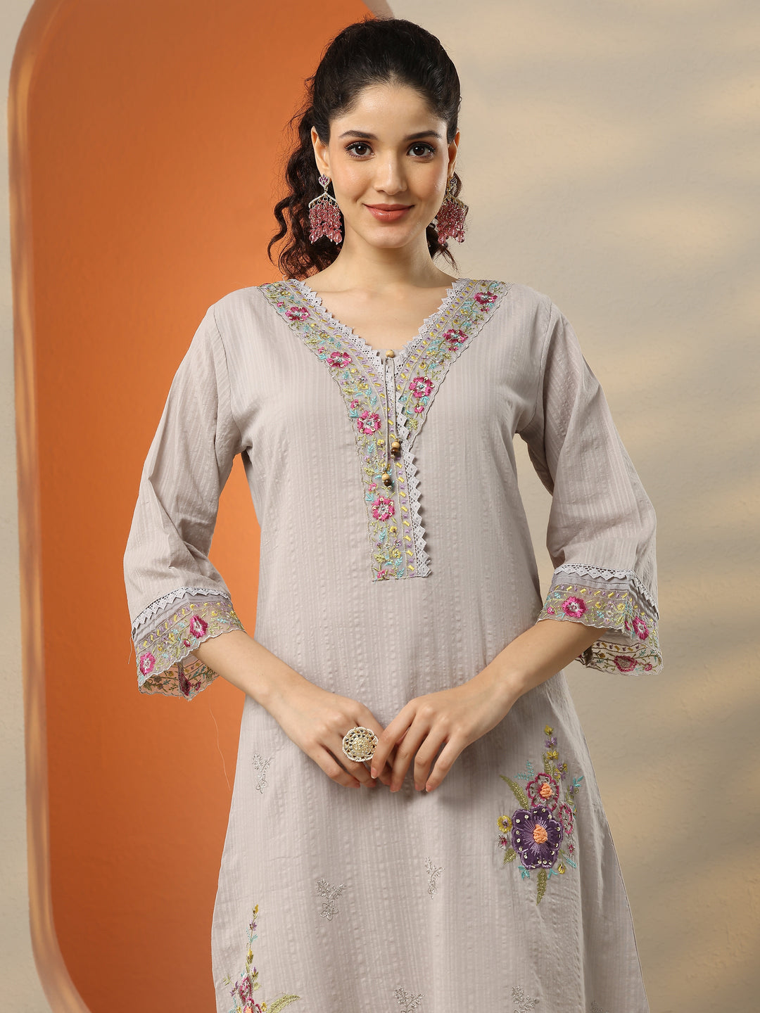  Grey Embroidered Cotton Straight Suit Set With Dupatta 
