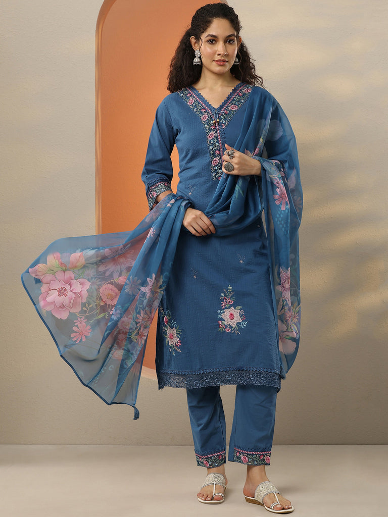 Libas Blue Embroidered Cotton Blend A-Line Suit Set With Dupatta