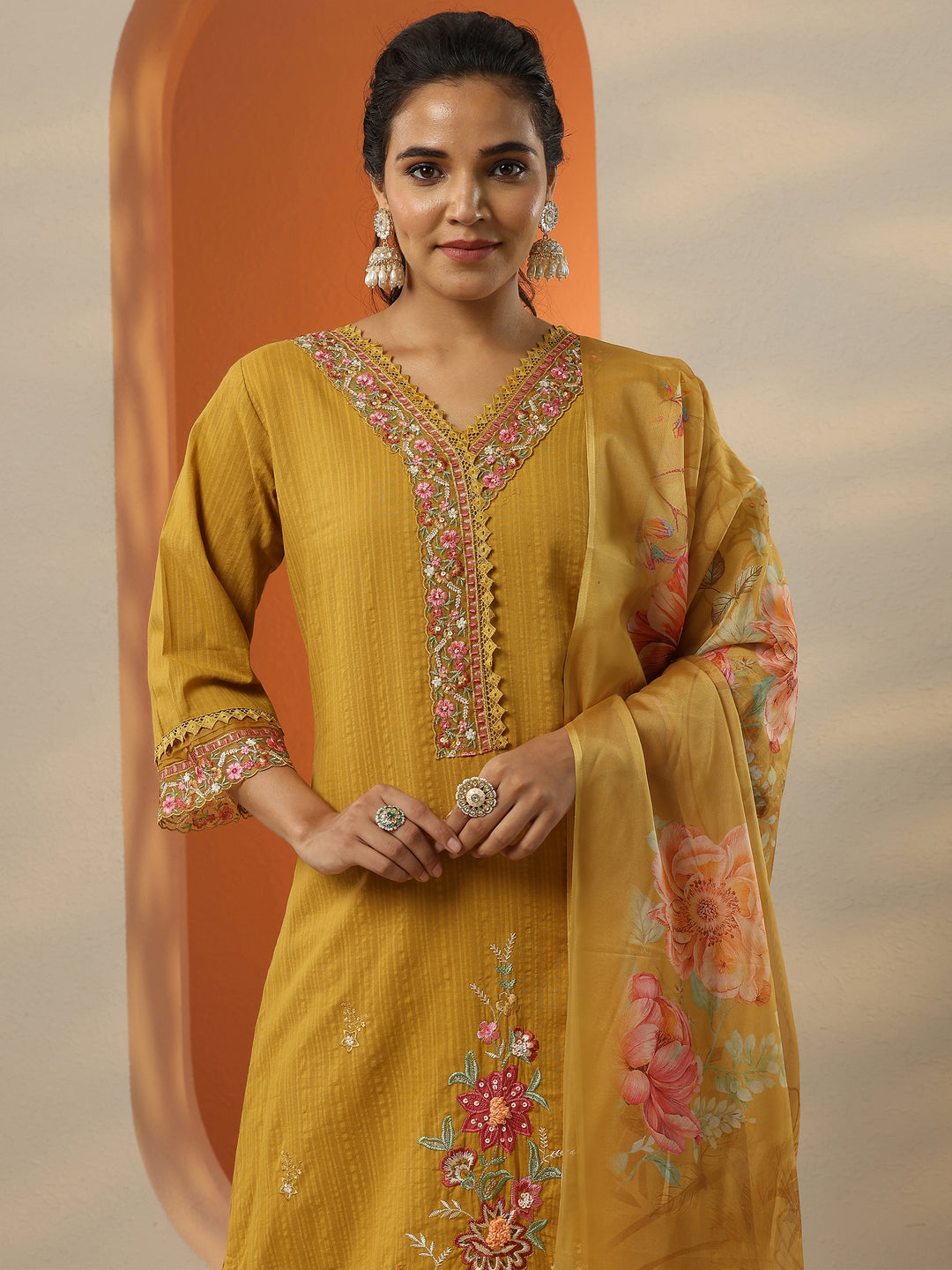  Mustard Embroidered Cotton Straight Suit Set With Dupatta 