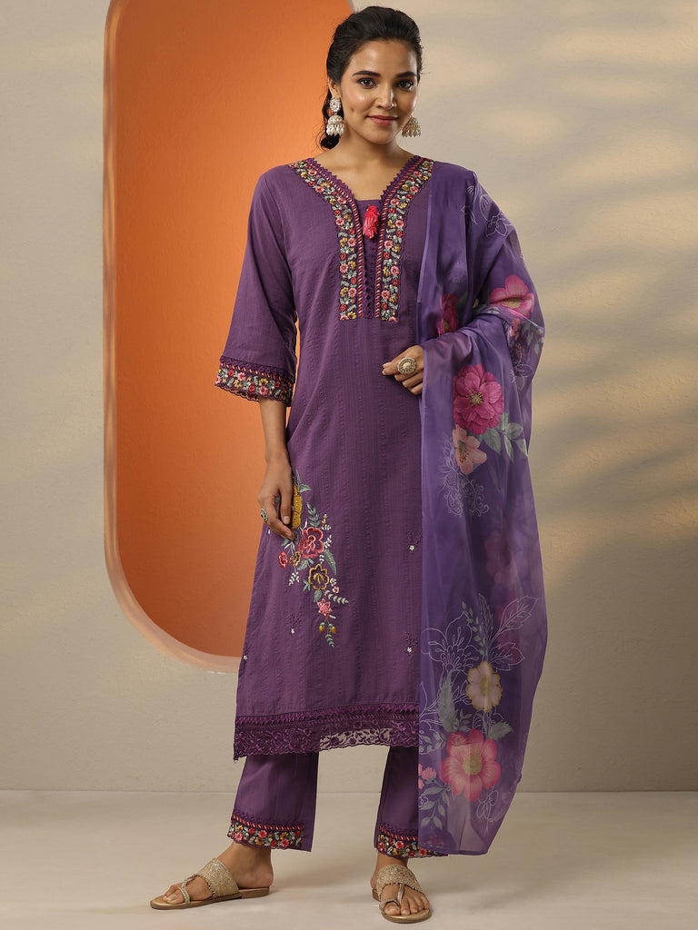 Libas Purple Embroidered Cotton Straight Suit Set With Dupatta