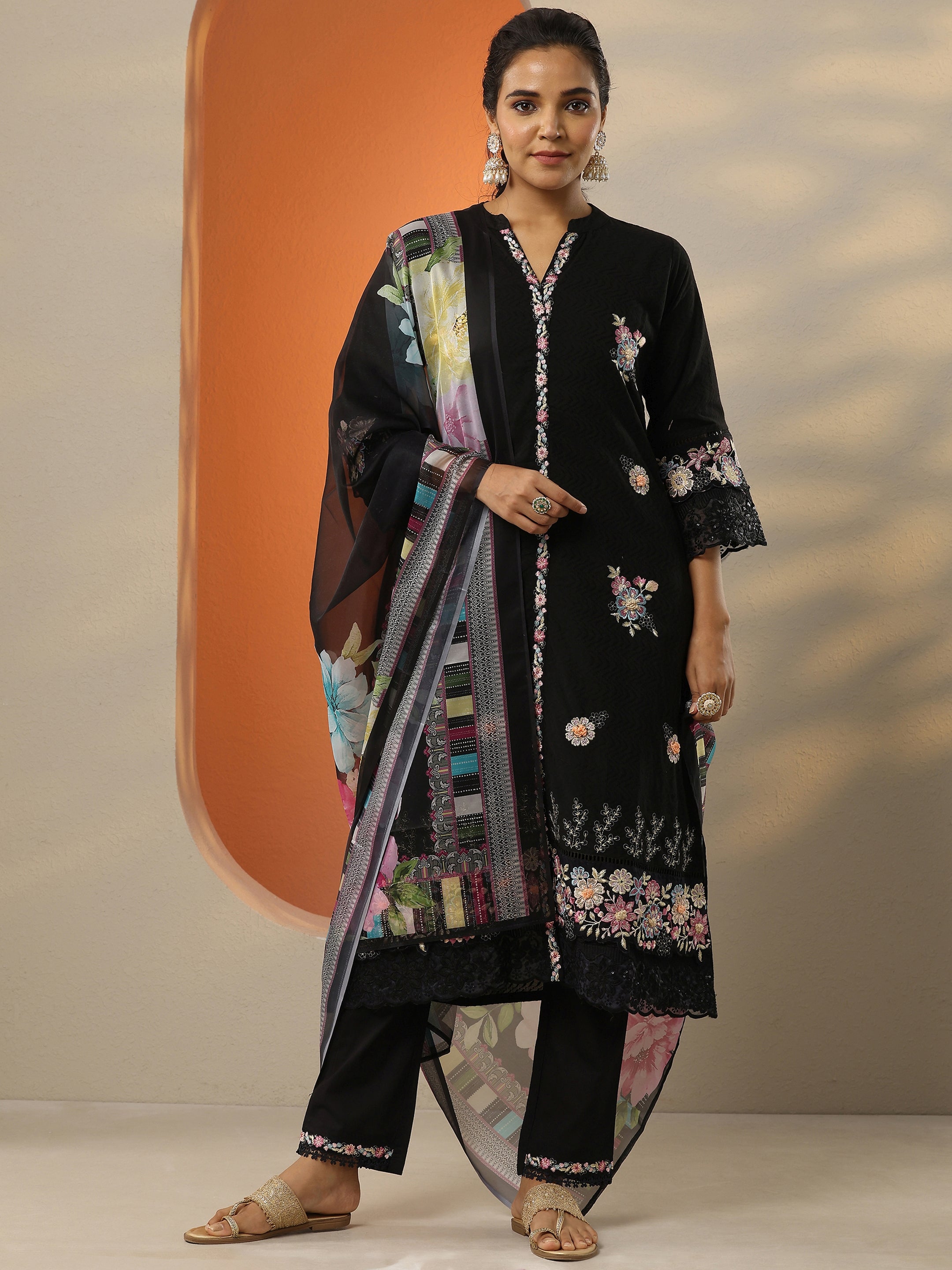 libas Black Embroidered Cotton Straight Suit Set With Dupatta-picture-35