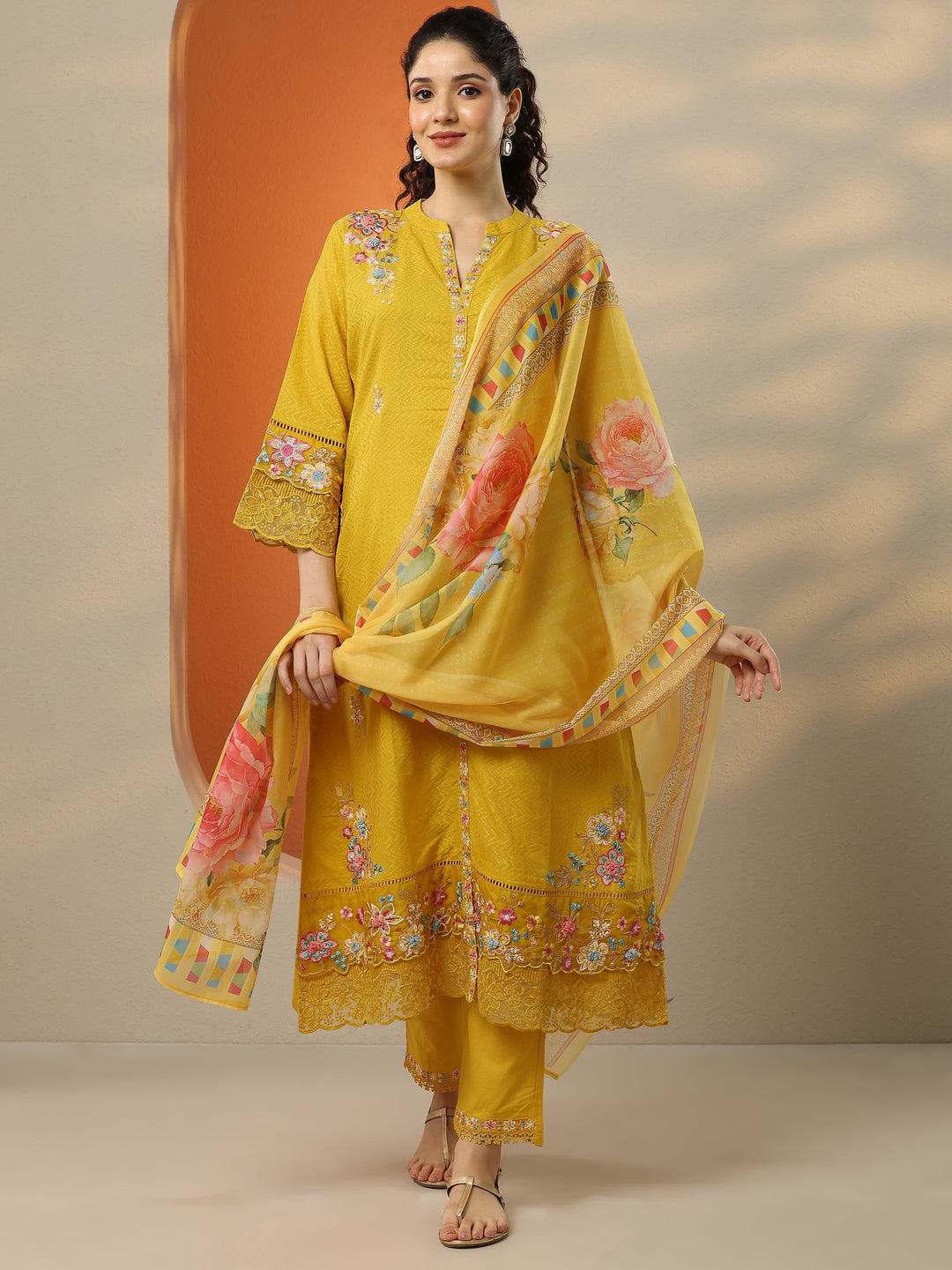  Yellow Embroidered Cotton Straight Suit Set With Dupatta 