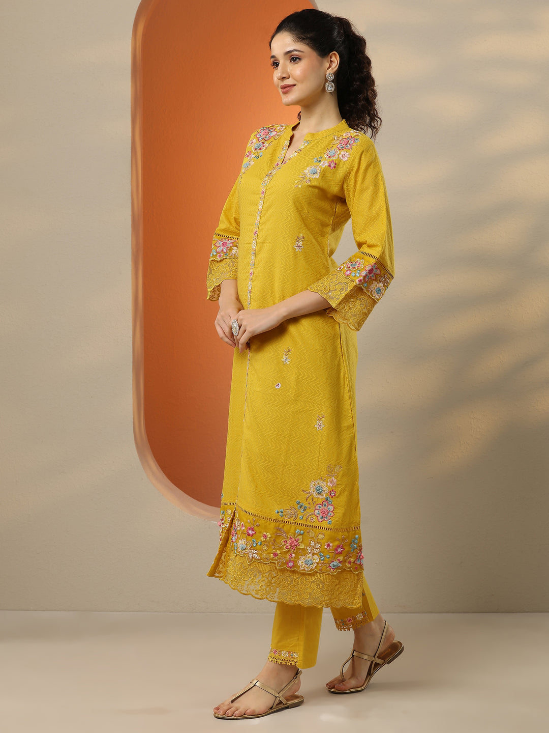  Yellow Embroidered Cotton Straight Suit Set With Dupatta 