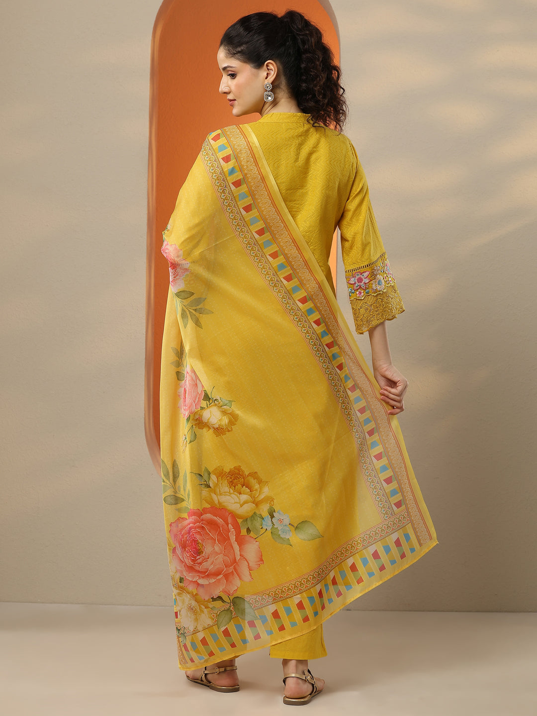  Yellow Embroidered Cotton Straight Suit Set With Dupatta 