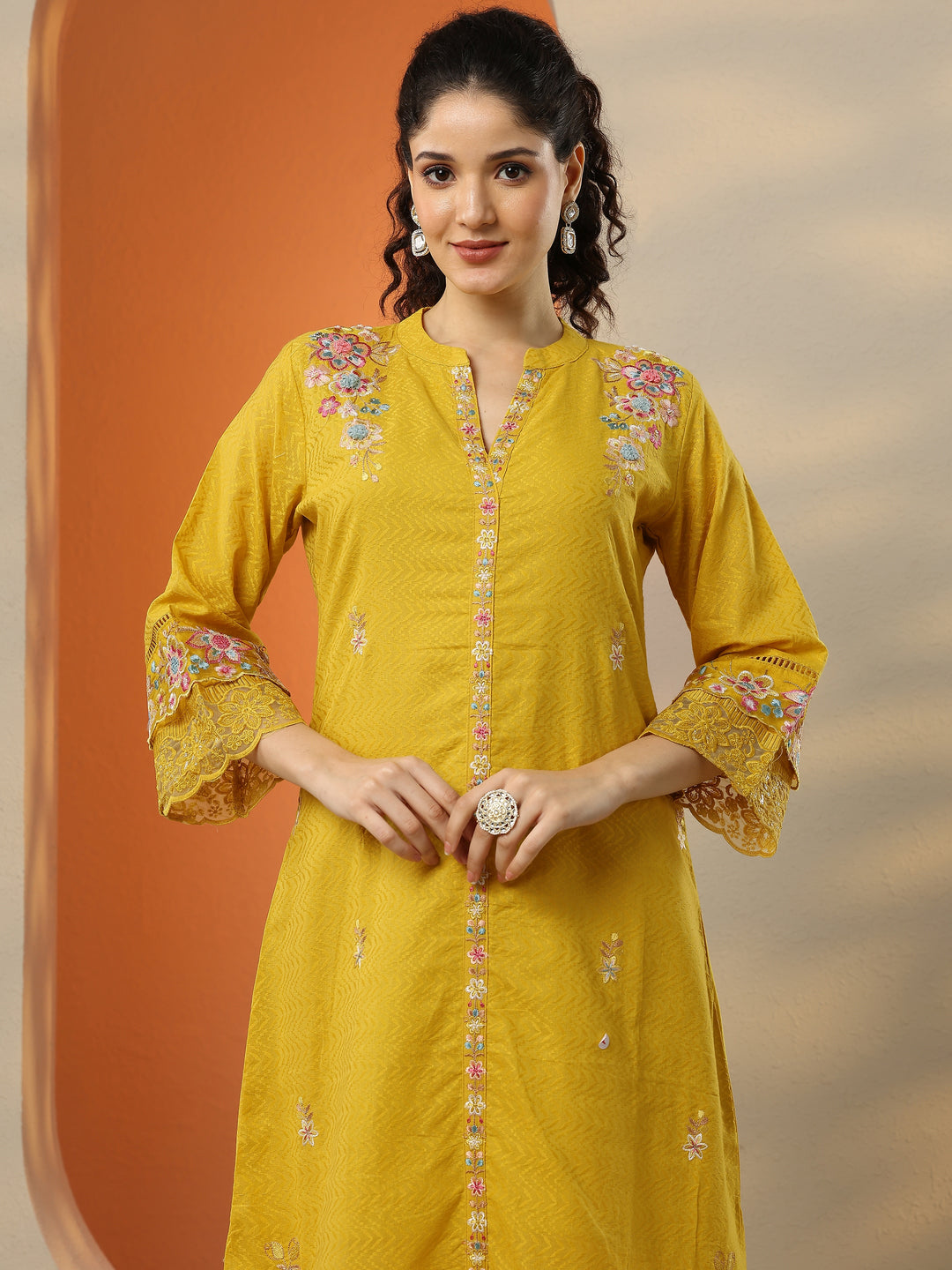  Yellow Embroidered Cotton Straight Suit Set With Dupatta 