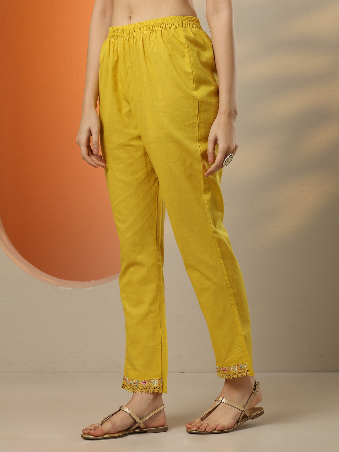  Yellow Embroidered Cotton Straight Suit Set With Dupatta 